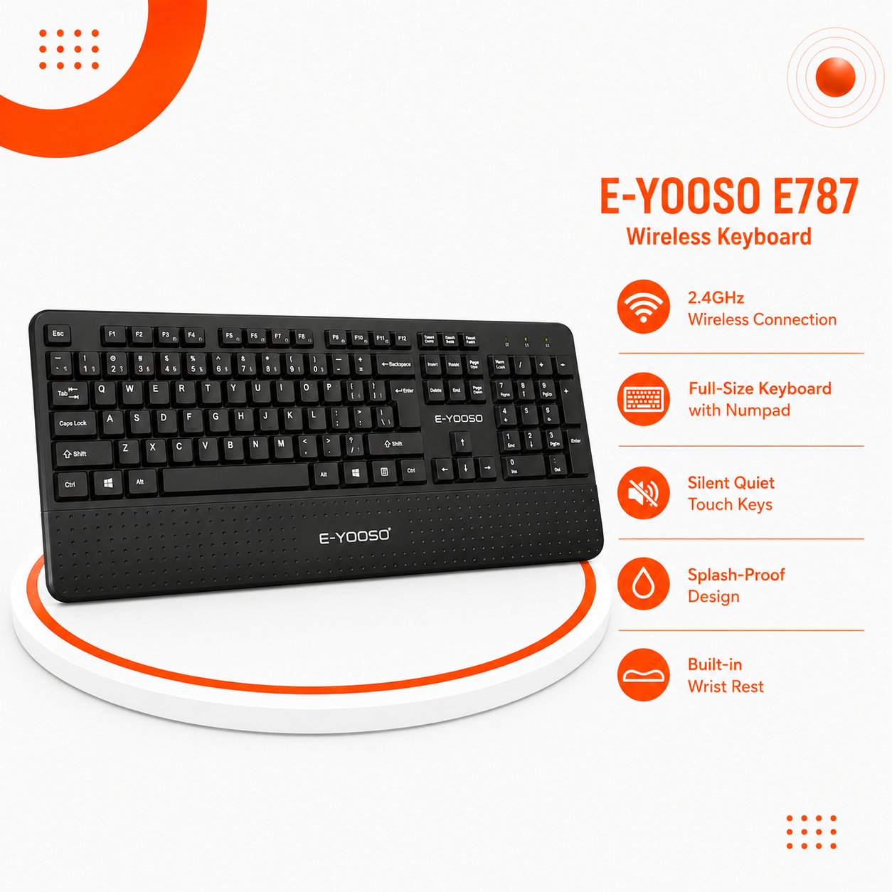 E-YOOSO E787 Wireless Keyboard & Mouse Combo - كيبورد كامل الحجم Full-Size - اتصال لاسلكي 2.4GHz - مستقبل USB Nano - لوحة أرقام Numpad - مفاتيح Silent Quiet Touch - مسند معصم مدمج - مقاوم لرذاذ السوائل - ماوس لاسلكي 6 أزرار -  - اللون أسود