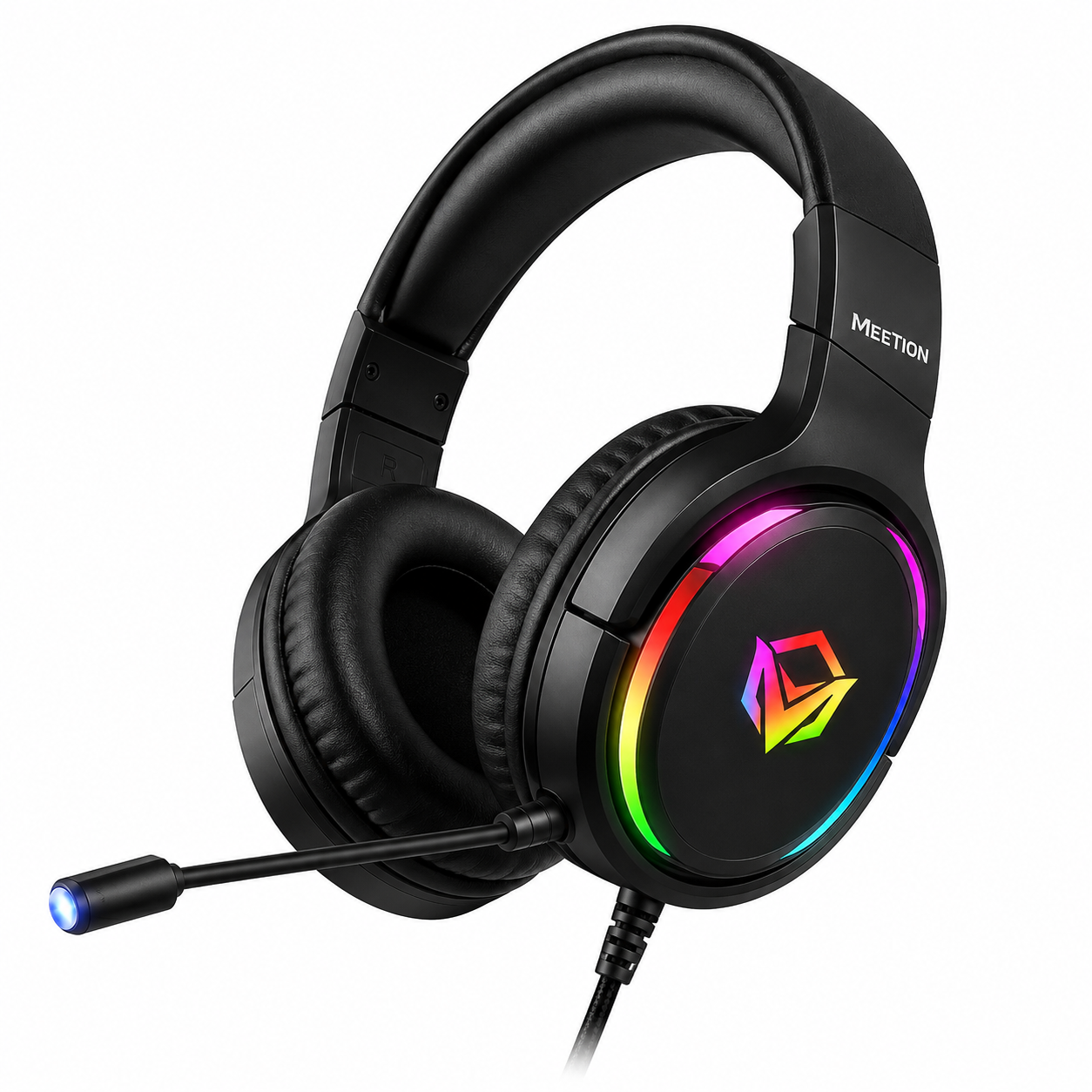 سماعة Meetion MT-HP022 - سماعة ألعاب سلكية - مشغلات 40mm - صوت Stereo Gaming - ميكروفون عازل للضوضاء - إضاءة RGB - اتصال 3.5mm + USB - كابل 1.8 متر - وزن 211g