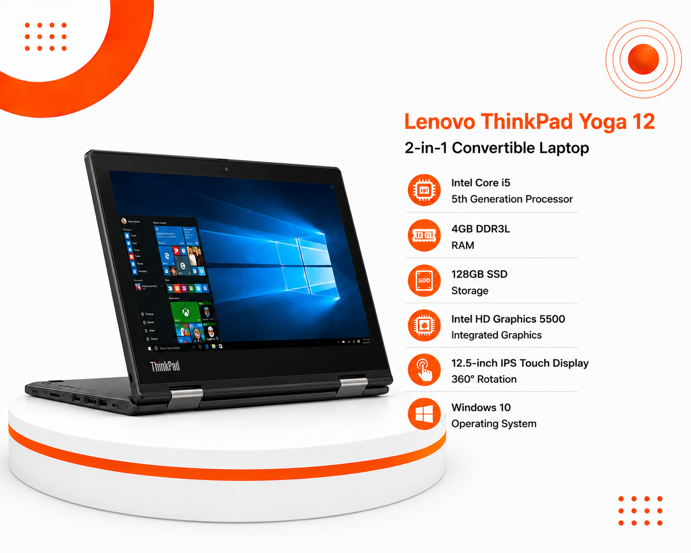 لينوفو ThinkPad Yoga 12 - المعالج Intel Core i5 الجيل الخامس - الرام 4GB DDR3L - التخزين 128GB SSD - كرت الشاشة Intel HD Graphics 5500 - اللون أسود - الشاشة 12.5 إنش IPS Touch قابلة للدوران 360° - تصميم 2 في 1 - نظام التشغيل Windows 10