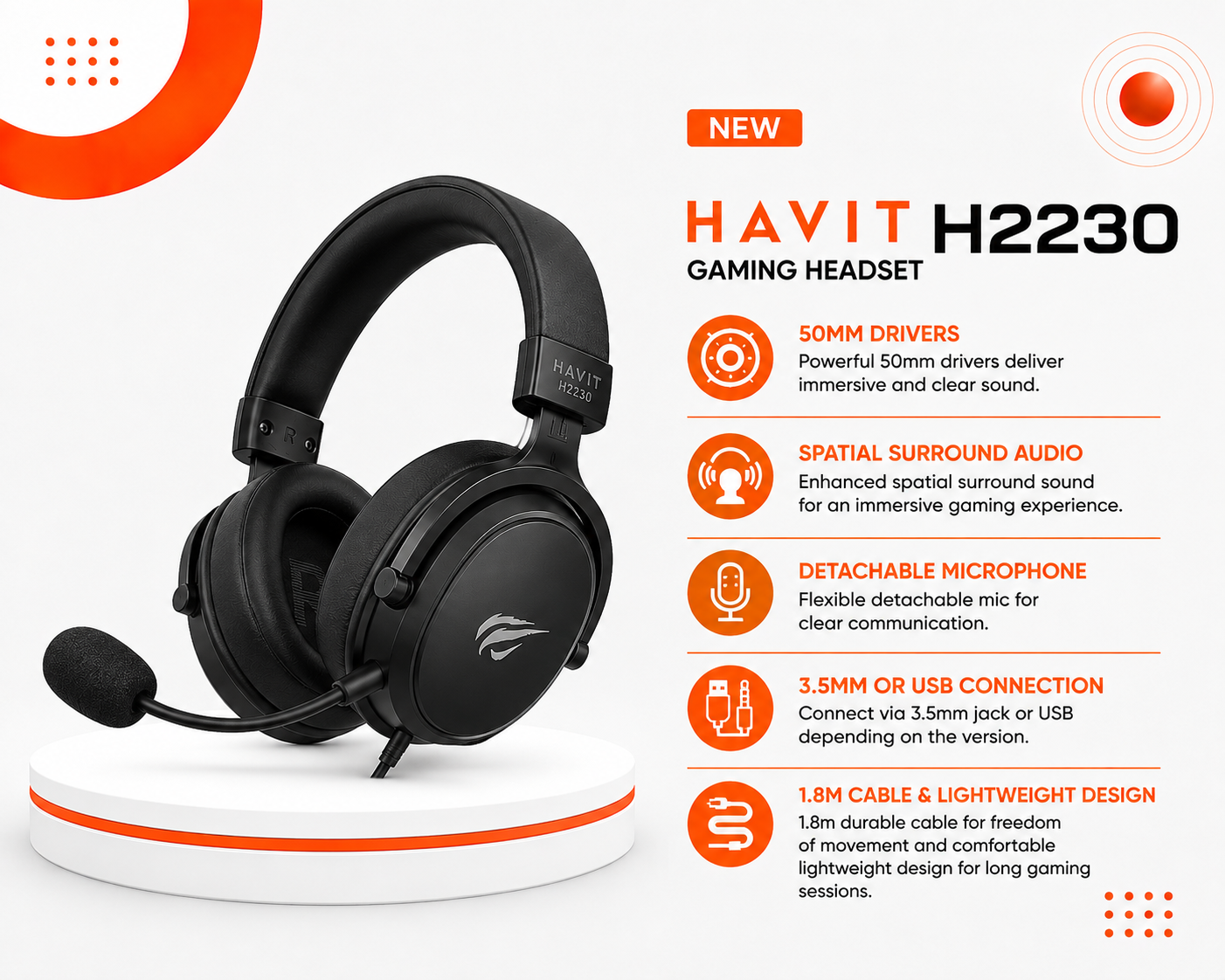 سماعة ألعاب Havit H2230 - سلكية - مكبرات صوت 50mm - صوت محيطي Spatial Audio - ميكروفون قابل للفصل - منفذ 3.5mm أو USB حسب الإصدار - كابل 1.8 متر - تصميم خفيف الوزن