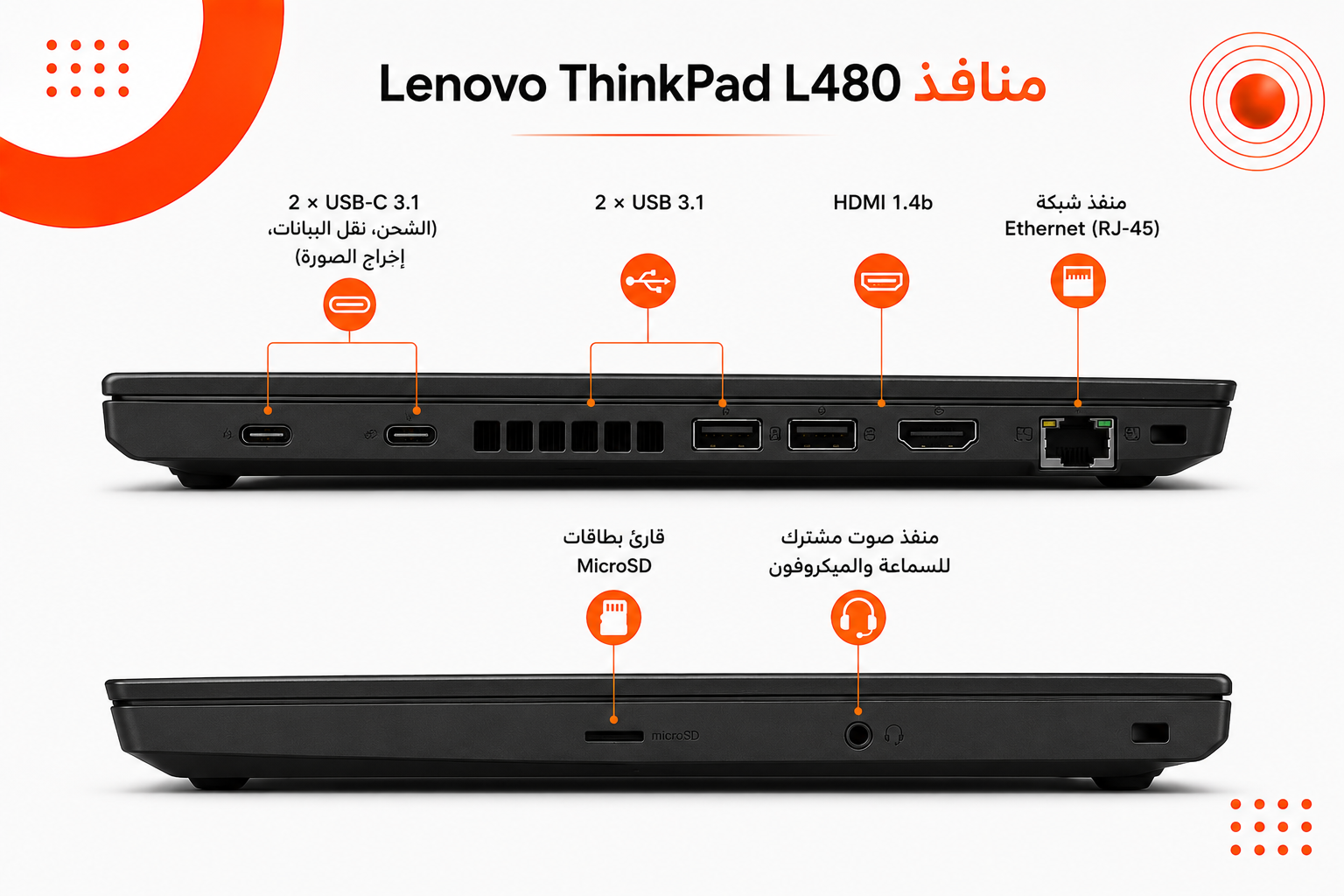 Lenovo ThinkPad L480 - المعالج Intel Core i5 الجيل الثامن - الرام 8GB DDR4 - التخزين 256GB M.2 NVMe SSD - كرت الشاشة Intel UHD Graphics 620 - اللون أسود - الشاشة 14 إنش FHD - تصميم أعمال متين - نظام التشغيل Windows 10