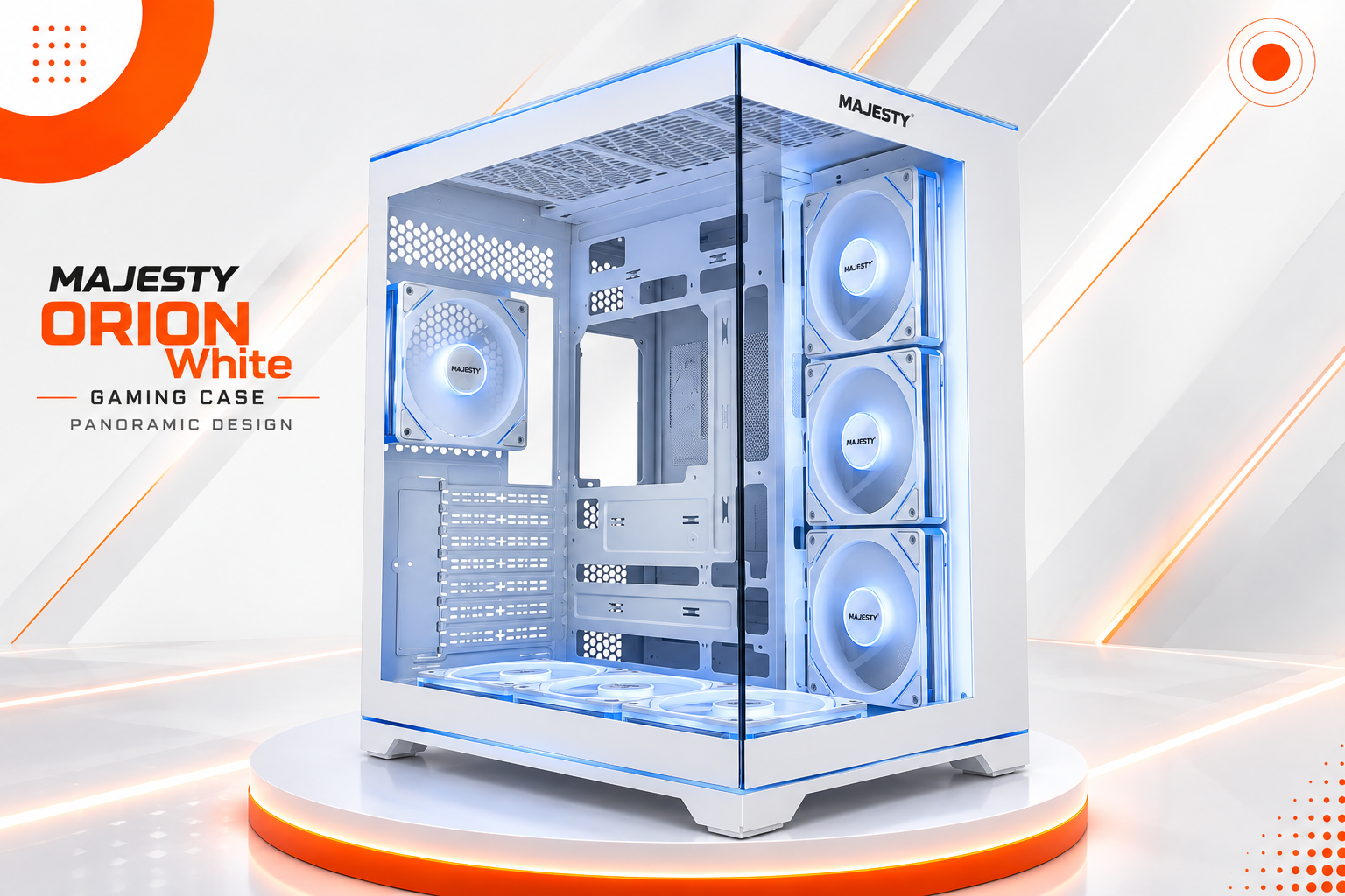 ماجيستي Orion Mid Tower - يدعم ATX / Micro-ATX / Mini-ITX - عدد 7 مراوح Infinity ARGB - دعم تبريد مائي 360mm - زجاج مقسّى بانورامي - دعم كرت شاشة حتى 410mm - USB Type-C - فلتر غبار مغناطيسي