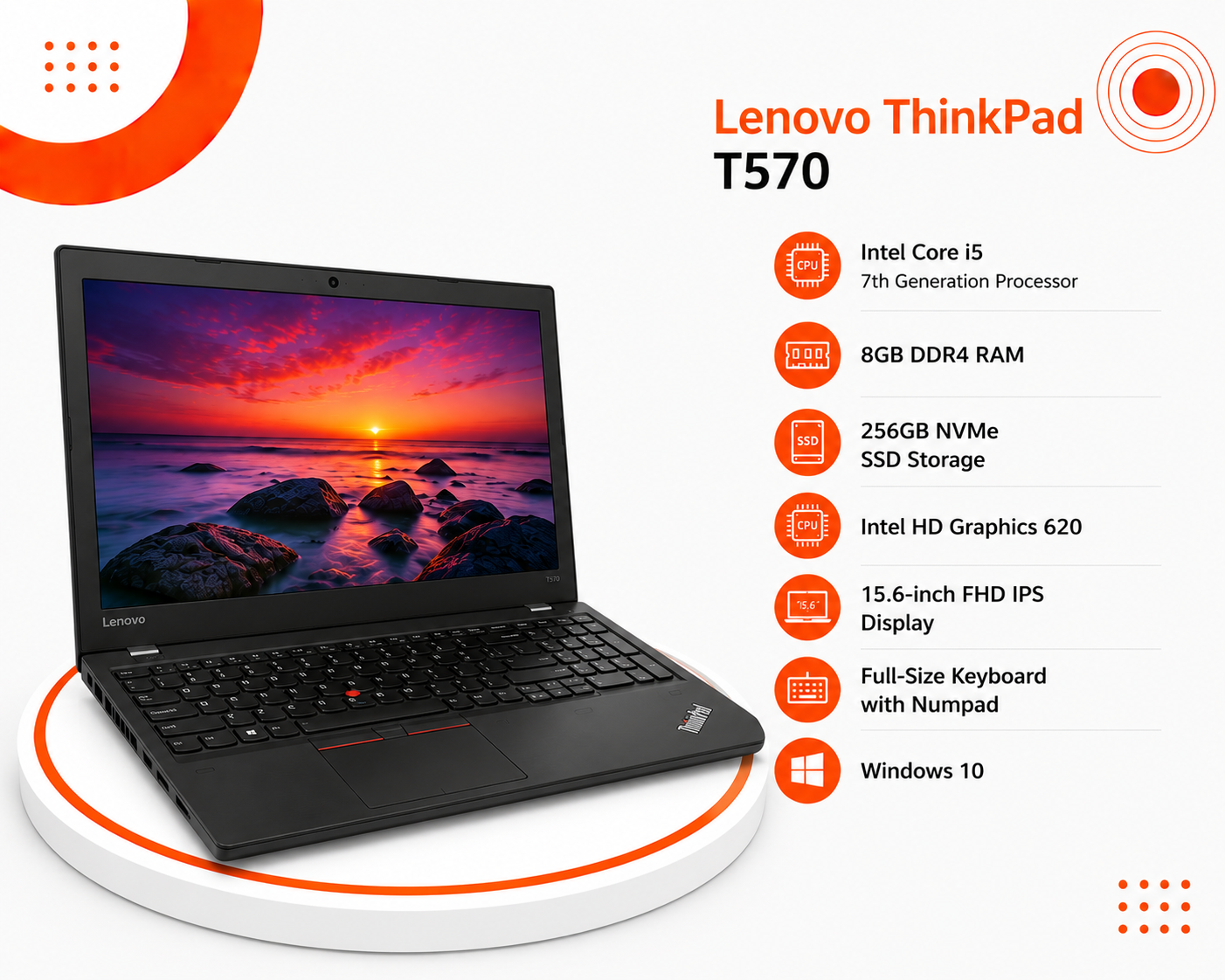 لينوفو ThinkPad T570 - المعالج Intel Core i5 الجيل السابع - الرام 8GB DDR4 - التخزين 256GB SSD NVMe - كرت الشاشة Intel HD Graphics 620 - اللون أسود - الشاشة 15.6 إنش FHD IPS - كيبورد كامل مع Numpad - نظام التشغيل Windows 10