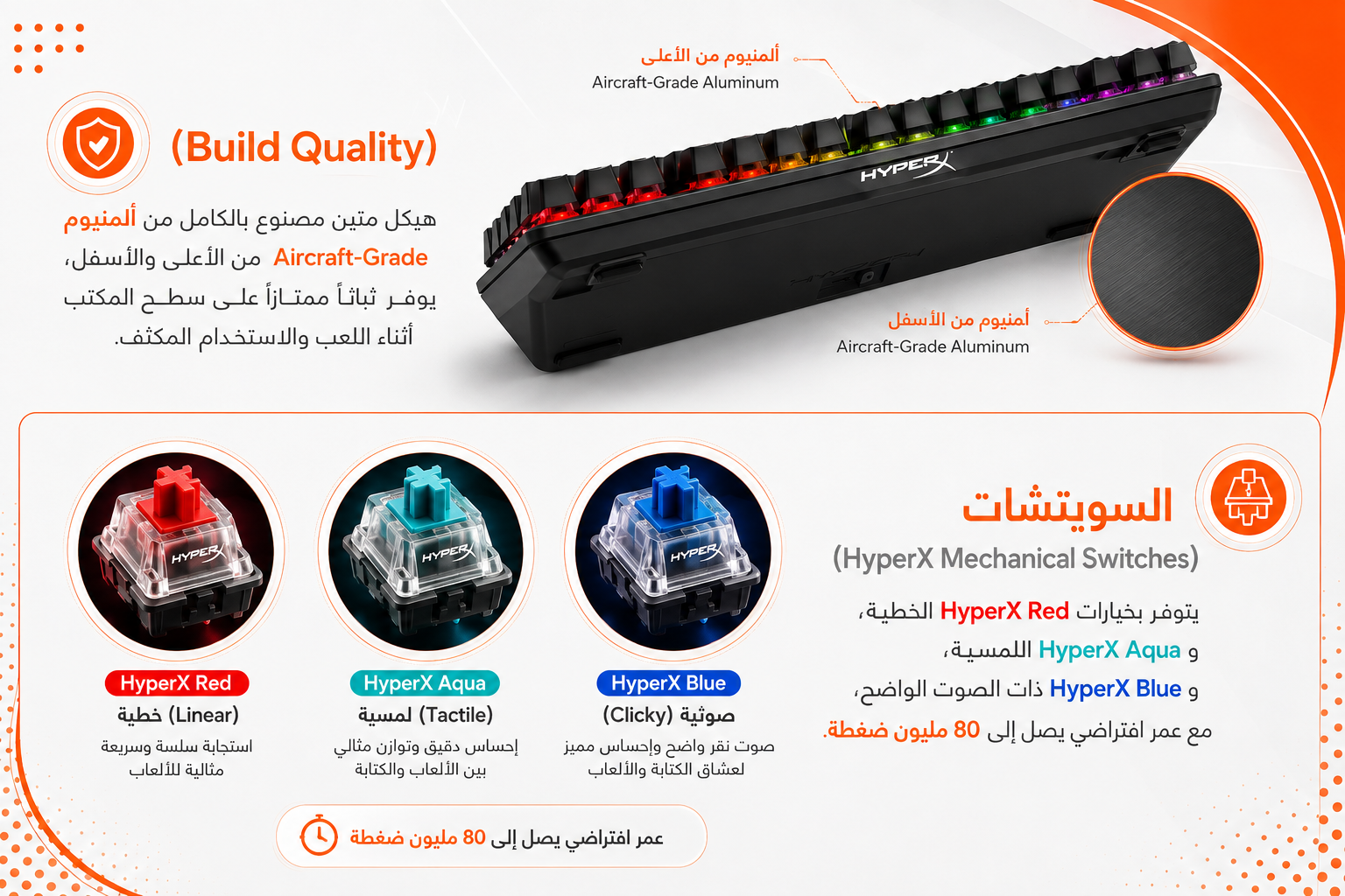 HyperX Alloy Origins - كيبورد ميكانيكي Full-Size - 104 مفتاح - HyperX Mechanical Switches - هيكل ألمنيوم - RGB - N-Key Rollover - USB-C