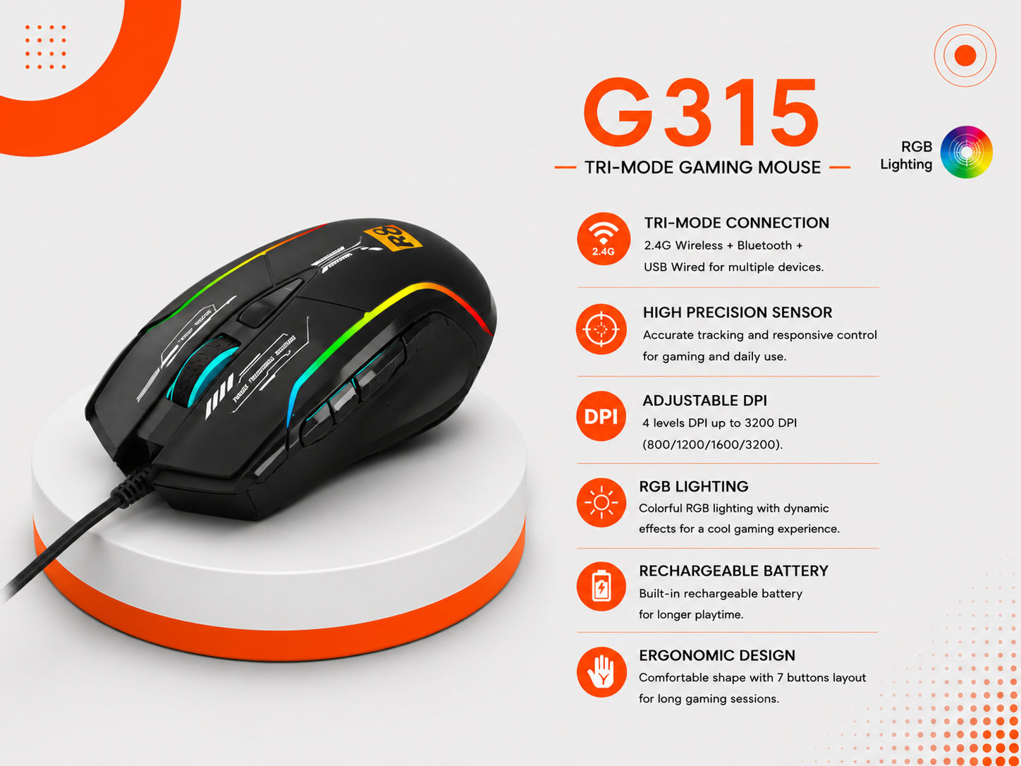 ماوس R8 G315 RGB - لاسلكي Tri-Mode - اتصال 2.4GHz + Bluetooth + Type-C سلكي - دقة تصل إلى 12800 DPI - 6 مستويات DPI - 6 أزرار - بطارية 500mAh قابلة للشحن - إضاءة RGB - تصميم Ergonomic