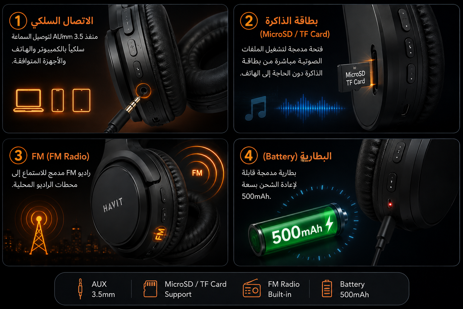 سماعة Havit H630BT - لاسلكية Bluetooth 5.3 - مكبرات صوت 40mm - صوت Stereo - بطارية 500mAh - تشغيل حتى 55 ساعة - دعم AUX - MicroSD / TF Card - راديو FM - شحن Type-C - تصميم قابل للطي - ميكروفون مدمج