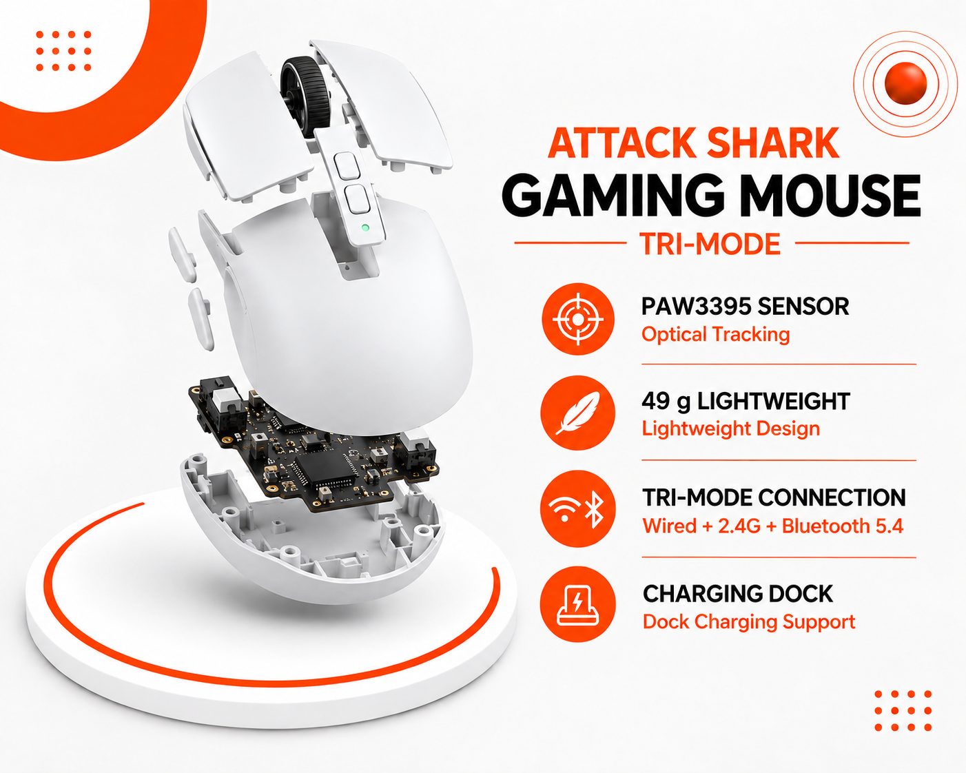 ماوس الألعاب ATTACK SHARK X6 Tri-Mode – أبيض