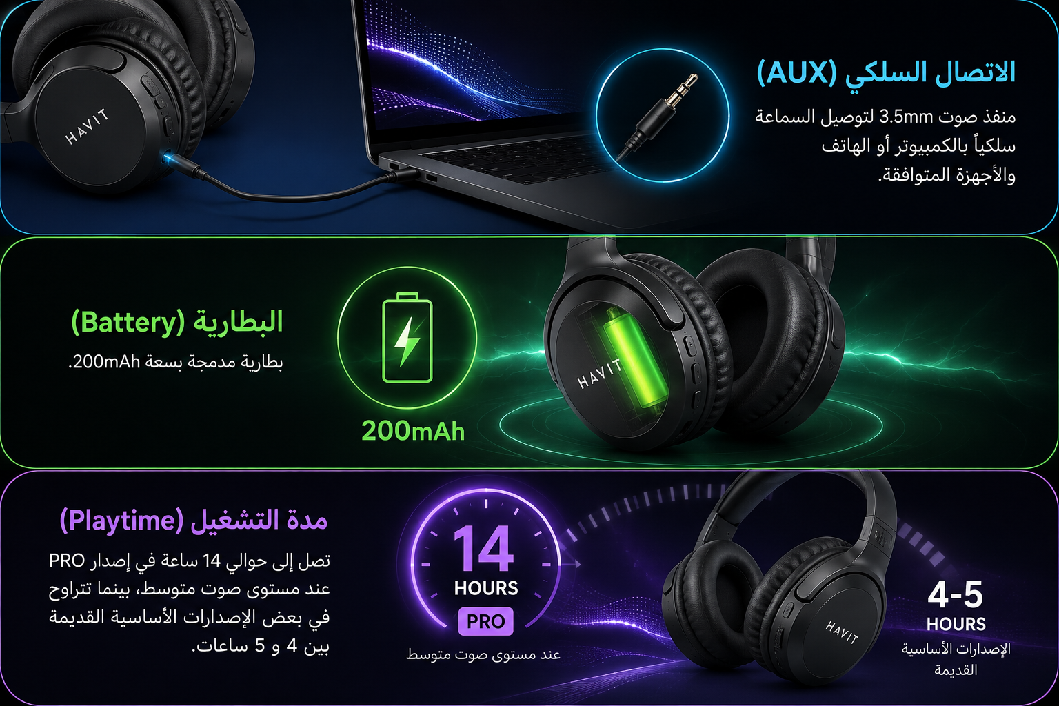 سماعة Havit H2590BT.  - لاسلكية Bluetooth - مكبرات صوت 40mm - صوت Stereo HD - دعم Micro SD - راديو FM - منفذ AUX 3.5mm - تصميم قابل للطي - ميكروفون مدمج