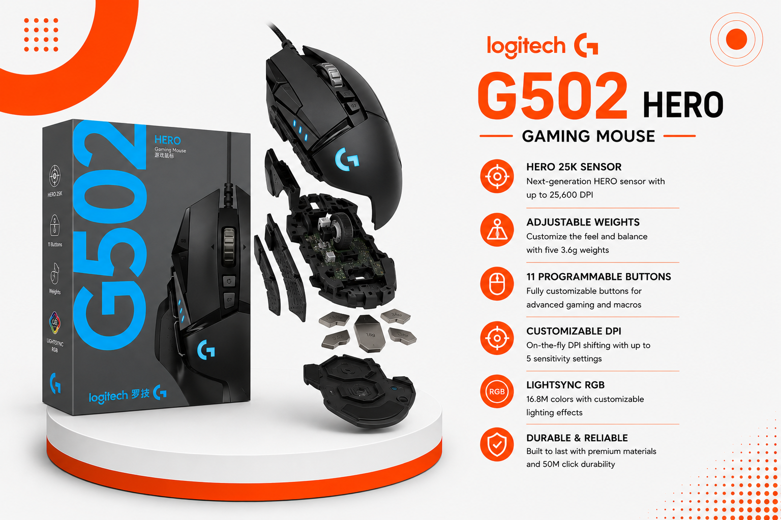 ماوس ألعاب Logitech G502 - مستشعر HERO 25K - دقة 25600 DPI - معدل 1000Hz - 11 زر قابل للبرمجة - LIGHTSYNC RGB - أوزان قابلة للتعديل - HERO Wired / LIGHTSPEED Wireless