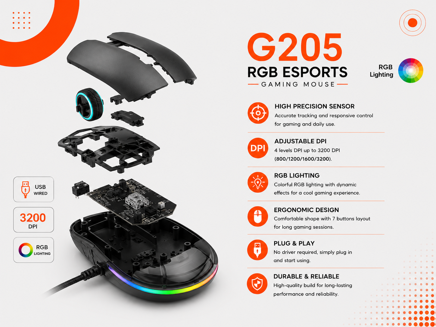 ماوس ألعاب R8 G205 RGB - سلكي - مستشعر بصري Optical - دقة تصل إلى 7200 DPI - 6 أزرار - إضاءة RGB حتى 14 وضع - وزن 78g - عمر 10 مليون نقرة - كابل USB بطول 1.5 متر - Plug & Play