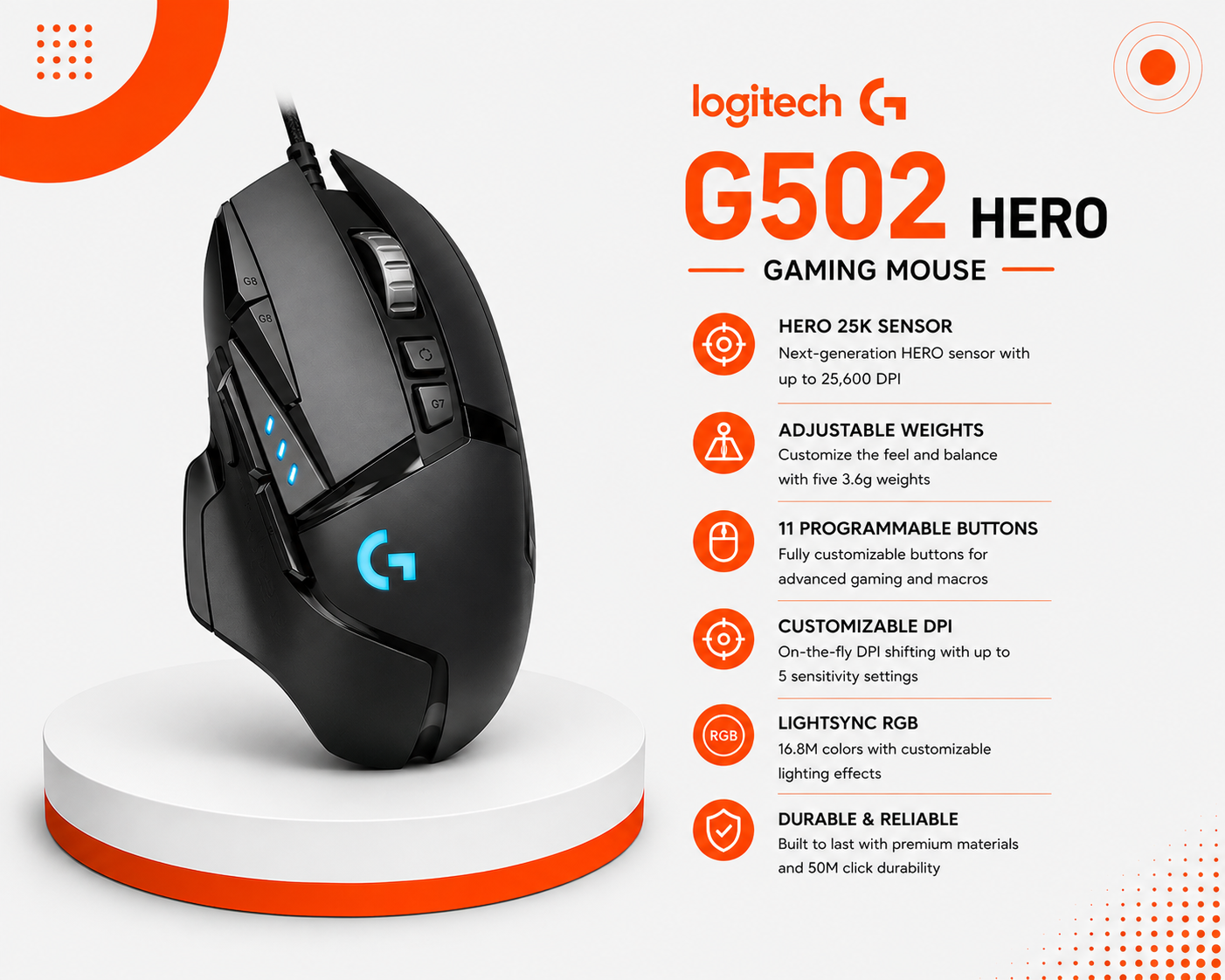 ماوس ألعاب Logitech G502 - مستشعر HERO 25K - دقة 25600 DPI - معدل 1000Hz - 11 زر قابل للبرمجة - LIGHTSYNC RGB - أوزان قابلة للتعديل - HERO Wired / LIGHTSPEED Wireless