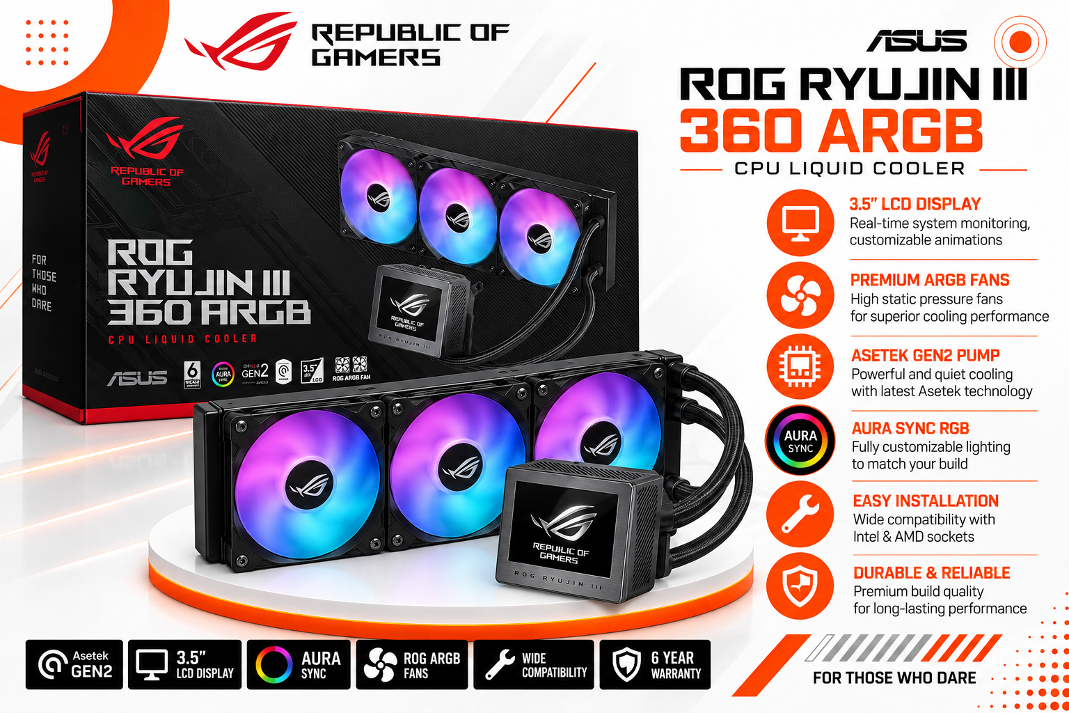 ASUS ROG Ryujin III - مبرد مائي AIO - شاشة LCD بحجم 3.5 إنش - مضخة Asetek الجيل الثامن - ردياتير 240mm / 360mm - مروحة VRM مدمجة - قاعدة نحاسية - دعم Intel / AMD
