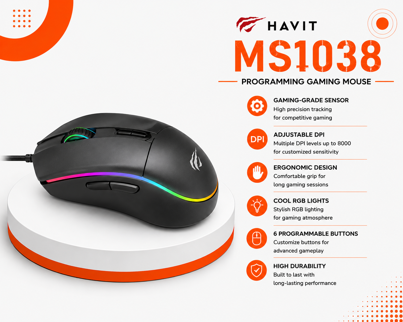 ماوس ألعاب Havit MS1038 - سلكي - مستشعر بصري - دقة 8000 DPI - معدل 1000Hz - 7 أزرار قابلة للبرمجة - إضاءة RGB - وزن 82g - كابل 1.6 متر - USB