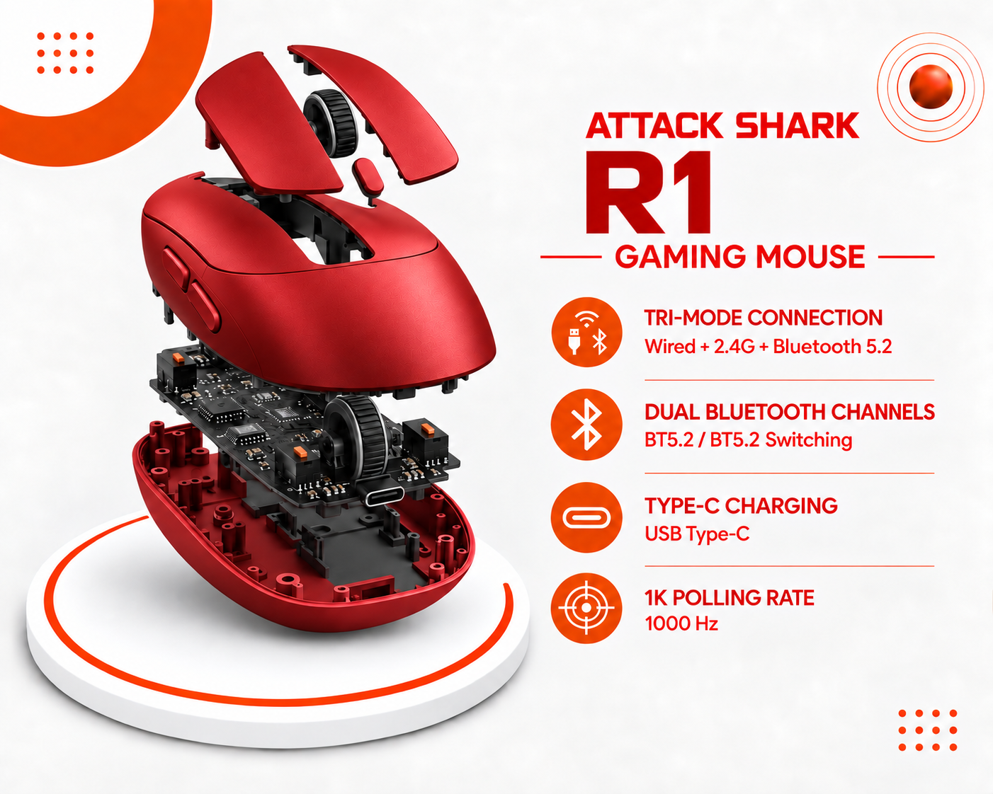 ماوس الألعاب ATTACK SHARK R1 – أحمر