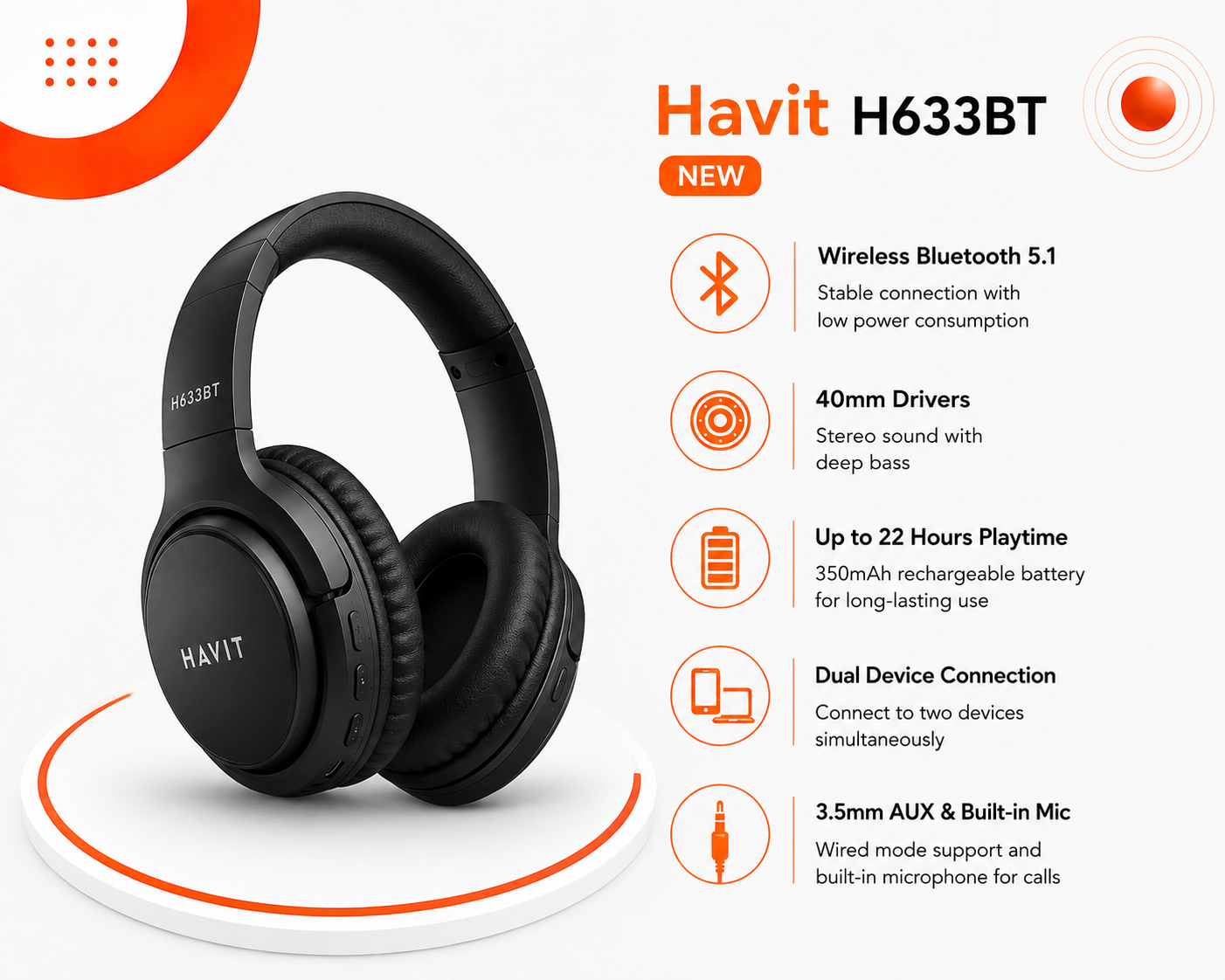 سماعة Havit H633BT - لاسلكية Bluetooth 5.1 - مكبرات صوت 40mm - صوت Stereo مع Deep Bass - بطارية 350mAh - تشغيل حتى 22 ساعة - اتصال بجهازين - AUX 3.5mm - شحن Type-C - تصميم قابل للطي - ميكروفون مدمج