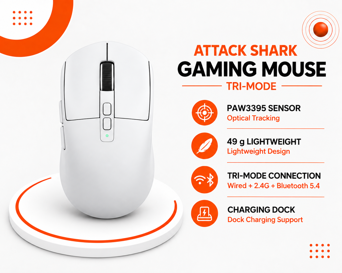 ماوس الألعاب ATTACK SHARK X6 Tri-Mode – أبيض