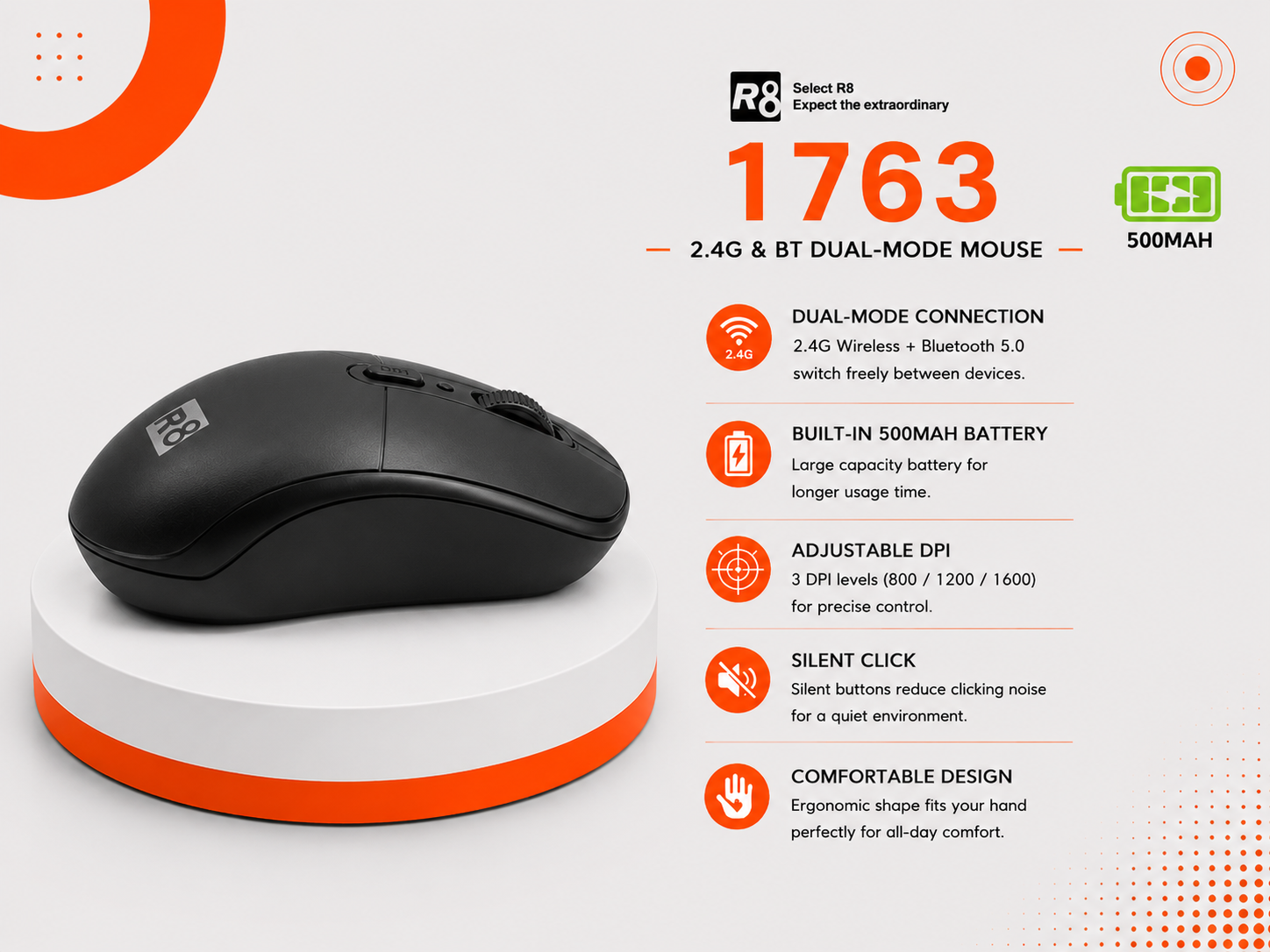 ماوس R8 1763WL - لاسلكي Dual-Mode - اتصال 2.4GHz + Bluetooth - دقة 3200 DPI - بطارية 500mAh قابلة للشحن - شحن Type-C - 6 أزرار - إضاءة RGB - تصميم Ergonomic - اللون أسود / أبيض