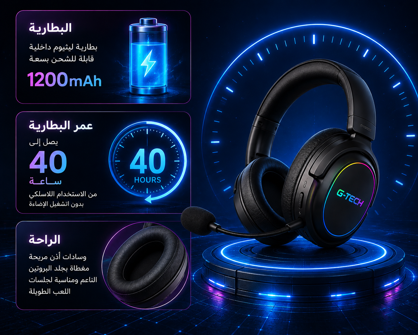 سماعة G-TECH BTH013 - سماعة ألعاب لاسلكية Tri-Mode - اتصال 2.4GHz - Bluetooth 5.3 - اتصال سلكي - مشغلات 50mm - ميكروفون قابل للفصل - بطارية 1200mAh - تشغيل حتى 40 ساعة