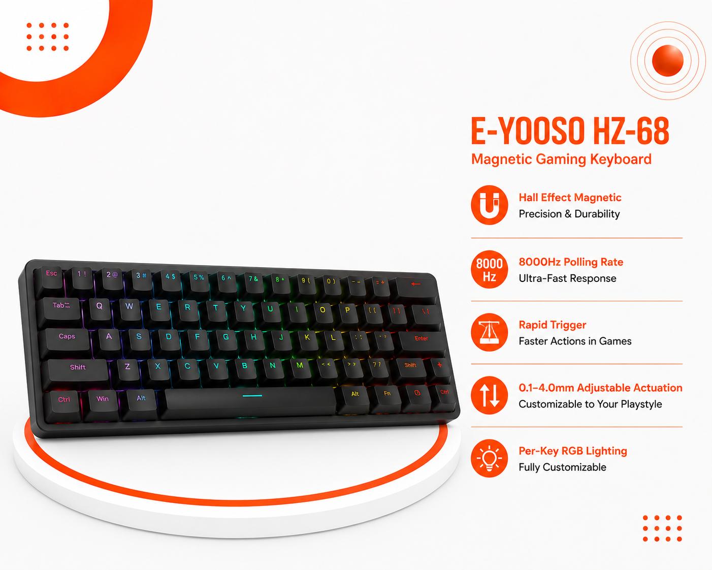 E-YOOSO HZ-68 Magnetic Gaming Keyboard - كيبورد مغناطيسي Hall Effect - تصميم 65% بـ 68 مفتاح - معدل استجابة 8000Hz - Rapid Trigger - نقطة تفعيل قابلة للتعديل 0.1–4.0mm - Hot-Swap - أغطية PBT Double-Shot - اتصال USB-C - إضاءة RGB Per-Key