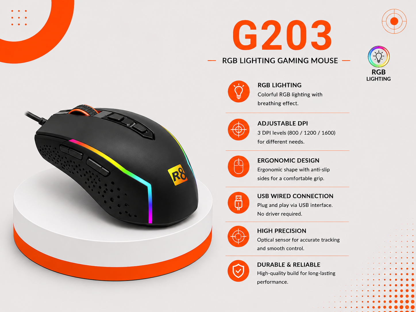 ماوس ألعاب R8 G203 - سلكي - مستشعر بصري Optical - دقة تصل إلى 7200 DPI - 7 أزرار - إضاءة RGB حتى 14 نمط - عمر 10 مليون نقرة - كابل USB بطول 1.5 متر - Plug & Play