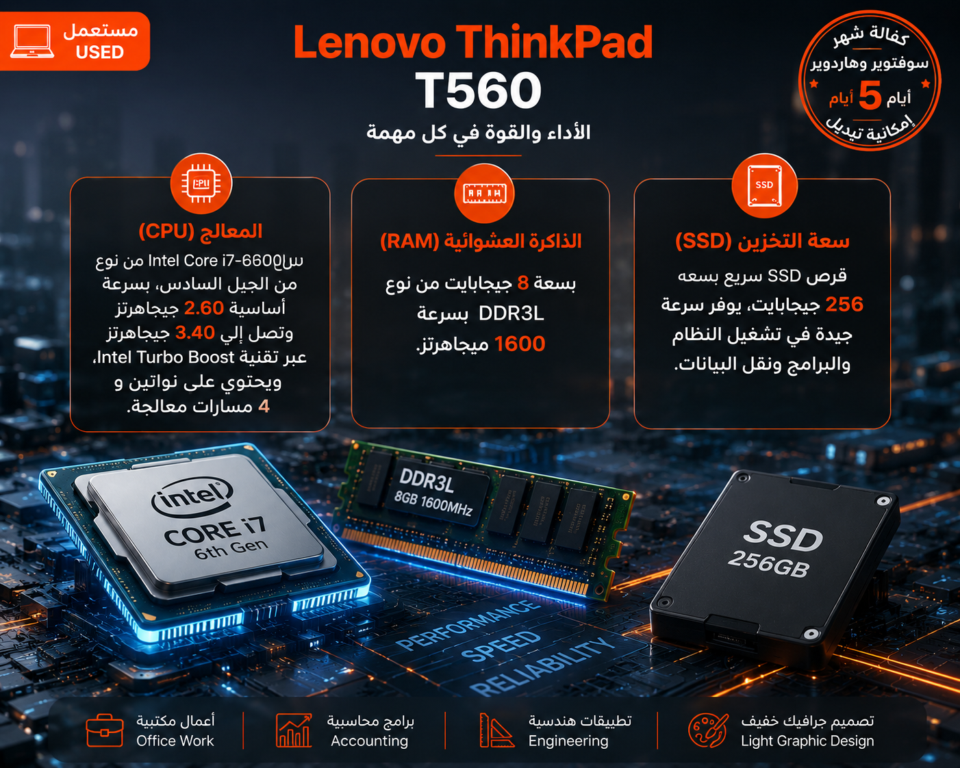 لينوفو ThinkPad T560 - المعالج Intel Core i7 الجيل السادس - الرام 8GB DDR3L - التخزين 256GB SSD - كرت الشاشة NVIDIA Quadro M500M سعة 2GB - اللون أسود - الشاشة 15.6 إنش FHD IPS مضادة للتوهج - نظام التشغيل Windows 10