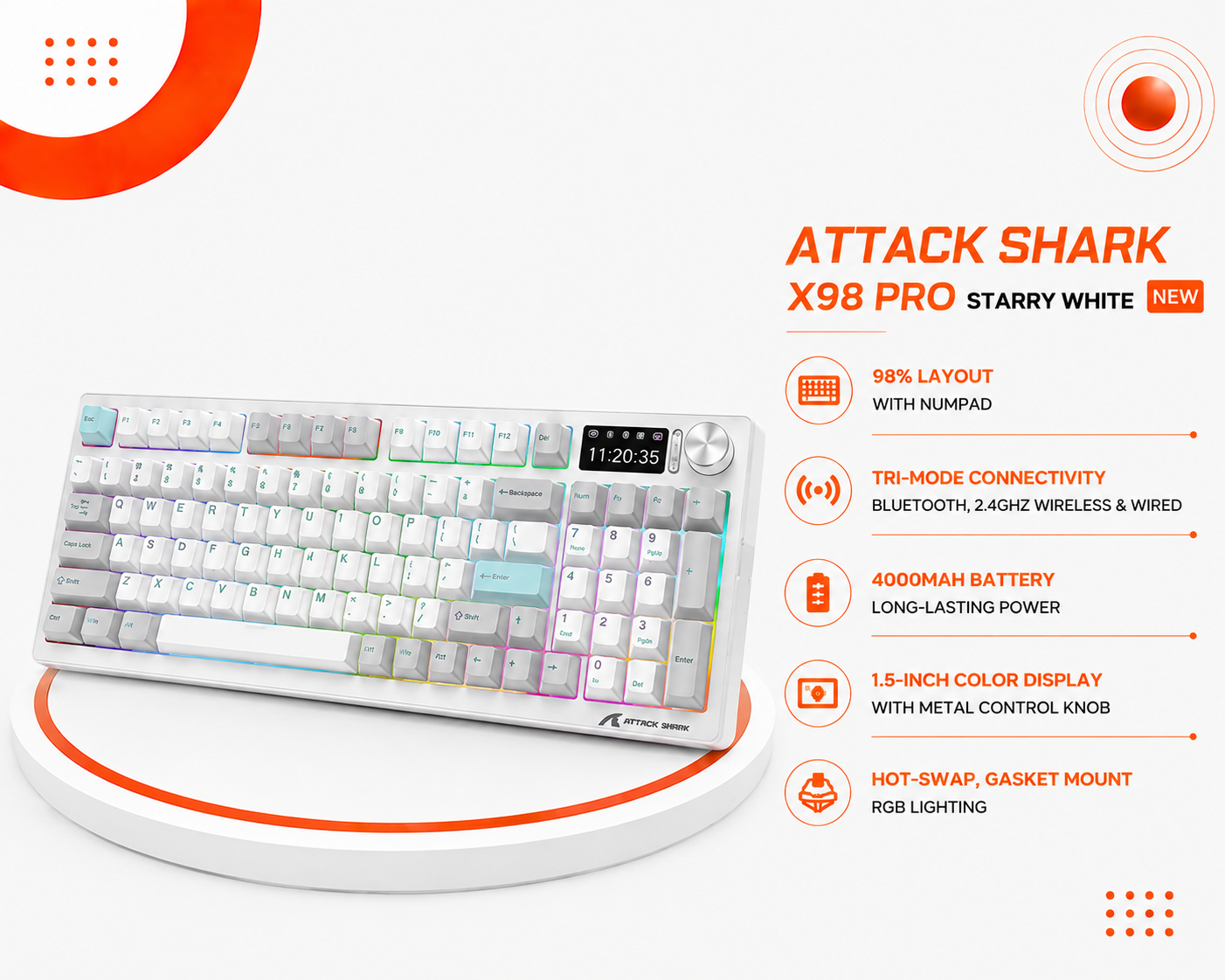 Attack Shark X98 Pro Starry White - تصميم 98% مع Numpad - اتصال ثلاثي Bluetooth و2.4GHz وسلكي - بطارية 4000mAh - شاشة ملونة 1.5 إنش - مقبض تحكم معدني - Hot-Swap - Gasket Mount - إضاءة RGB - اللون Starry White أبيض نجمي