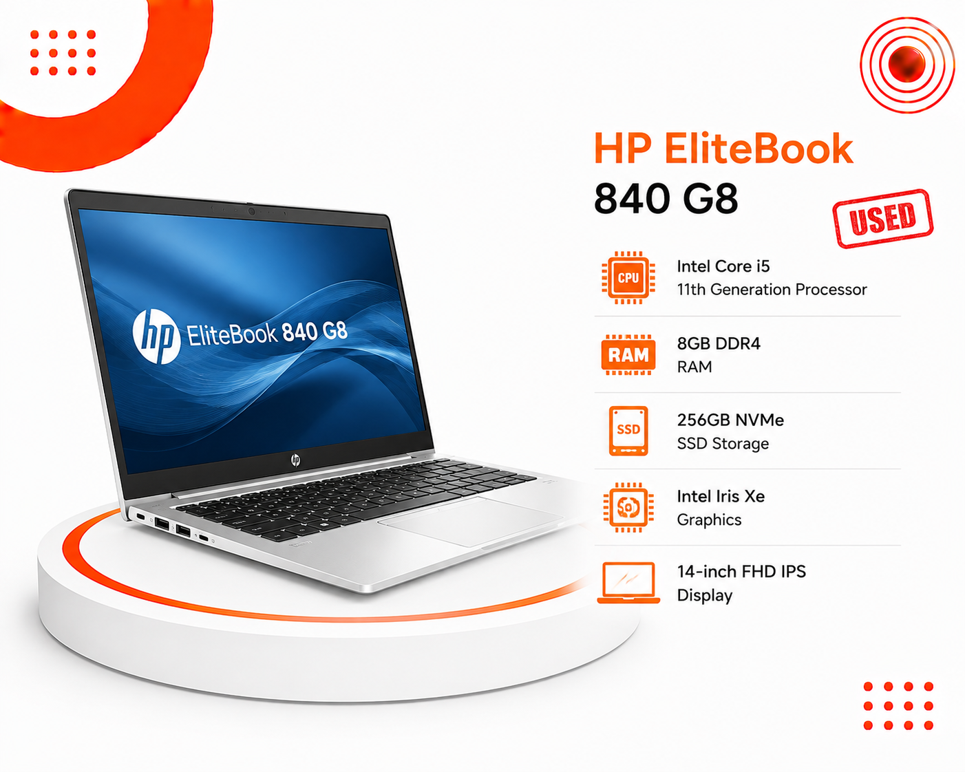 HP EliteBook 840 G8 - المعالج Intel Core i5 الجيل الحادي عشر - الرام 8GB DDR4 - التخزين 256GB SSD NVMe - كرت الشاشة Intel Iris Xe Graphics - اللون فضي - الشاشة 14 إنش FHD IPS - تصميم نحيف وخفيف - نظام التشغيل Windows 10