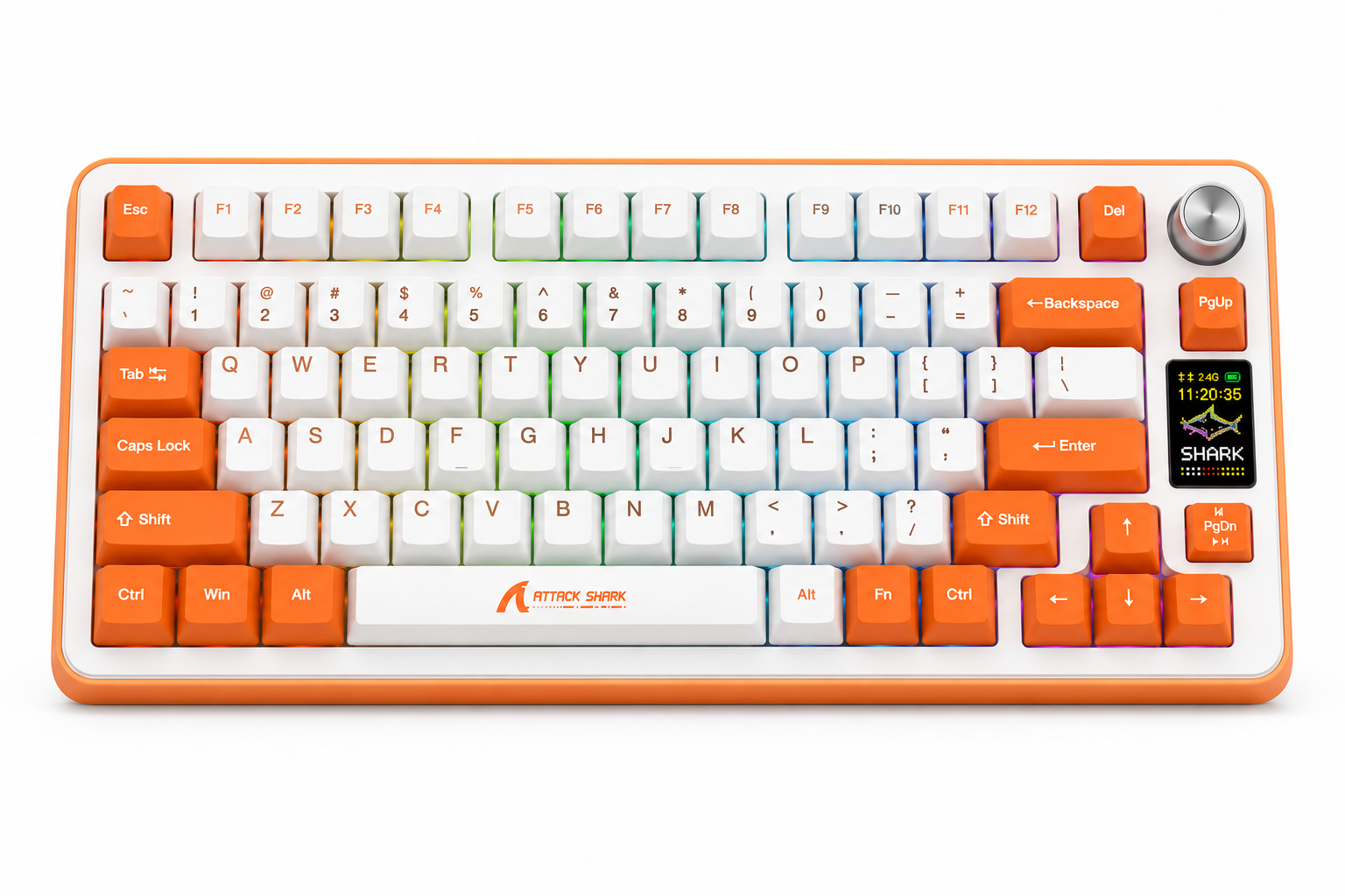 Attack Shark X87 Ultra Iced Orange - اتصال لاسلكي 2.4GHz وسلكي - معدل استجابة 8000Hz - زمن استجابة 0.125ms - بطارية 10000mAh - مفاتيح Meg Shark Linear Switches - Hot-Swap - شاشة Dot-Matrix - إضاءة RGB - اللون برتقالي وأبيض