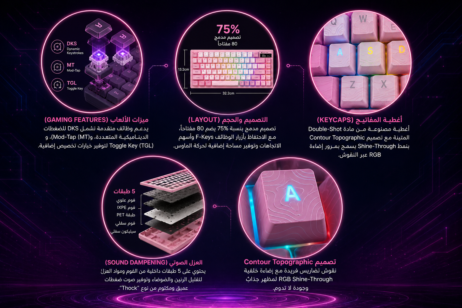 Attack Shark R82HE Contour Pink - كيبورد مغناطيسي Hall Effect - تصميم 75% بـ 80 مفتاح - معدل استجابة 8000Hz - معدل مسح 256KHz - زمن استجابة 0.08ms - Rapid Trigger بدقة 0.005mm  –3.4mm  - اتصال USB-C - إضاءة RGB - اللون Contour Pink