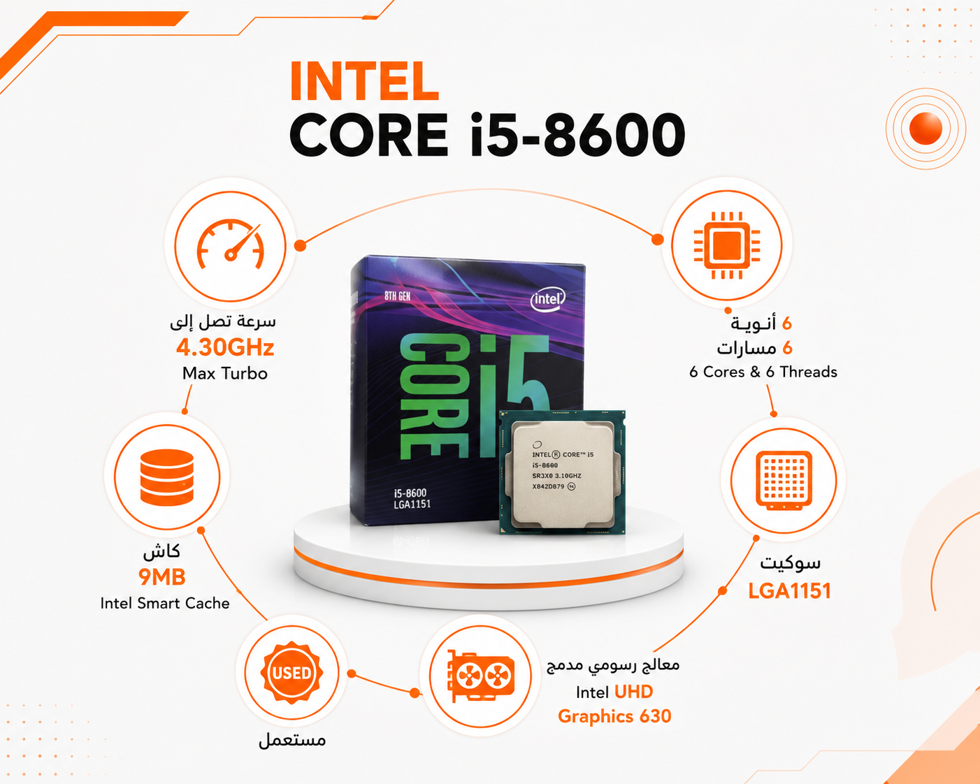 معالج Intel Core i5-8600 جيل 8، بسرعة تصل إلى 4.30GHz، يحتوي على 6 أنوية و 6 مسارات، كاش 9MB Intel Smart Cache، سوكيت LGA1151، مزود بمعالج رسومي Intel UHD Graphics 630 (مستعمل)