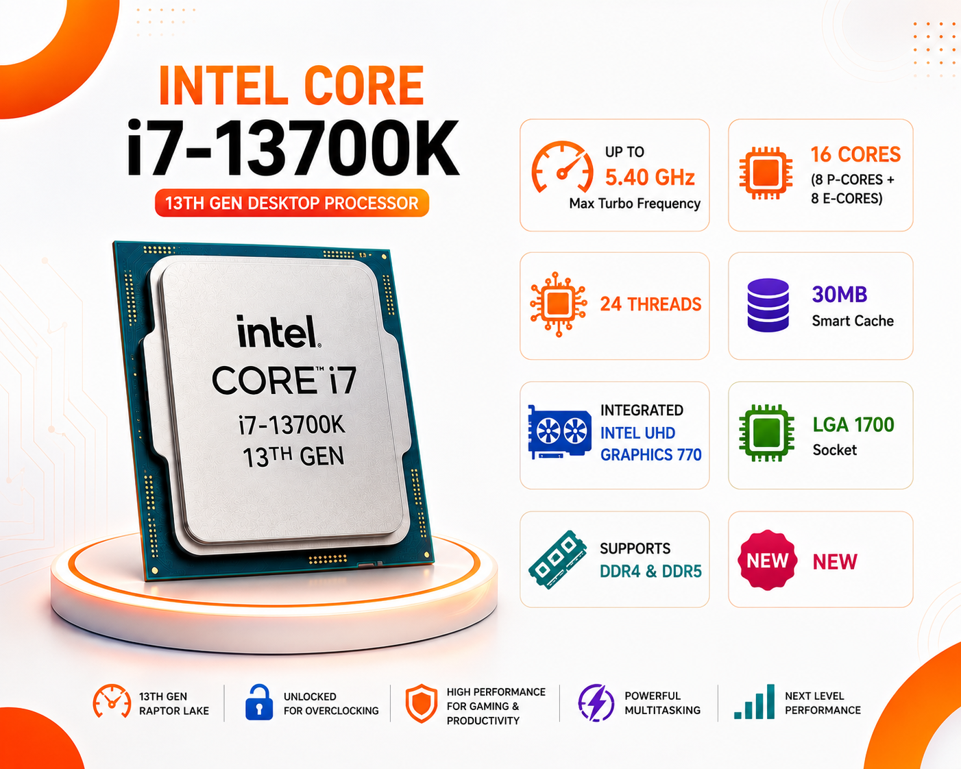 معالج Intel Core i7-13700K جيل ثالث عشر قابل لكسر السرعة ، بسرعة تصل إلى 5.40GHz عبر تقنية Turbo Boost، يحتوي على 16 نواة (8 للأداء و 8 للكفاءة) مع 24 خيط معالجة، كاش 30MB، كرت شاشة مدمج UHD 770، متوافق مع مقبس LGA 1700 ويدعم ذواكر DDR4 و DDR5 (جديد)