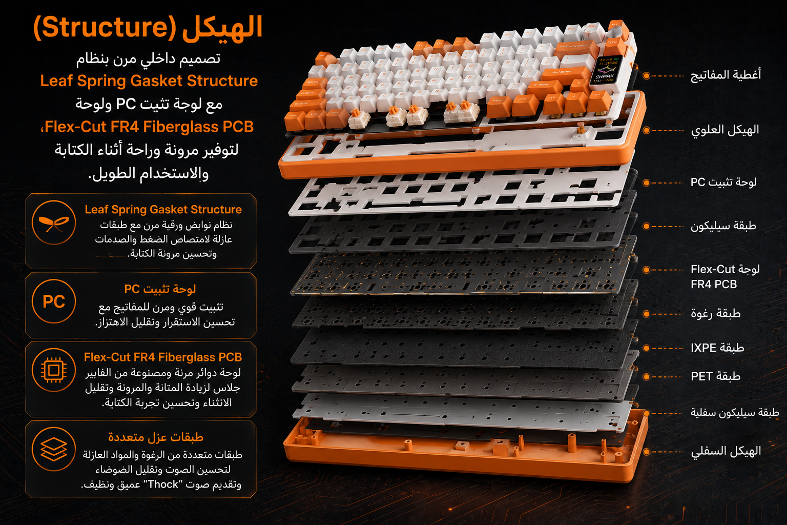 Attack Shark X87 Ultra Iced Orange - اتصال لاسلكي 2.4GHz وسلكي - معدل استجابة 8000Hz - زمن استجابة 0.125ms - بطارية 10000mAh - مفاتيح Meg Shark Linear Switches - Hot-Swap - شاشة Dot-Matrix - إضاءة RGB - اللون برتقالي وأبيض