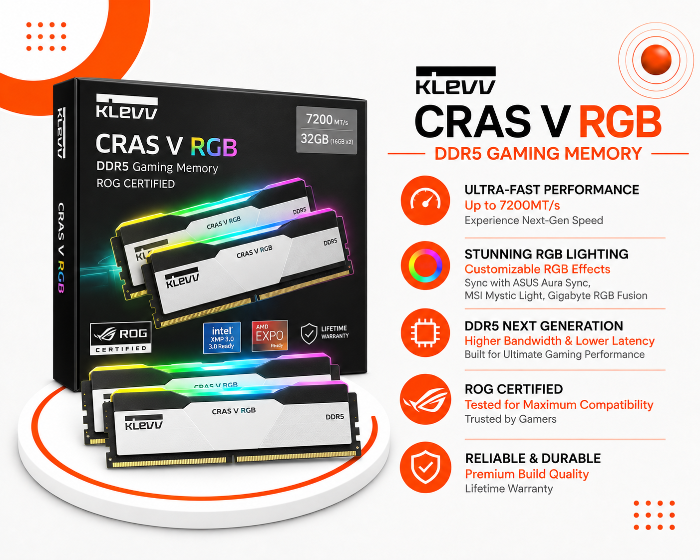 ذاكرة KLEVV CRAS V RGB DDR5 32GB 7200MHz