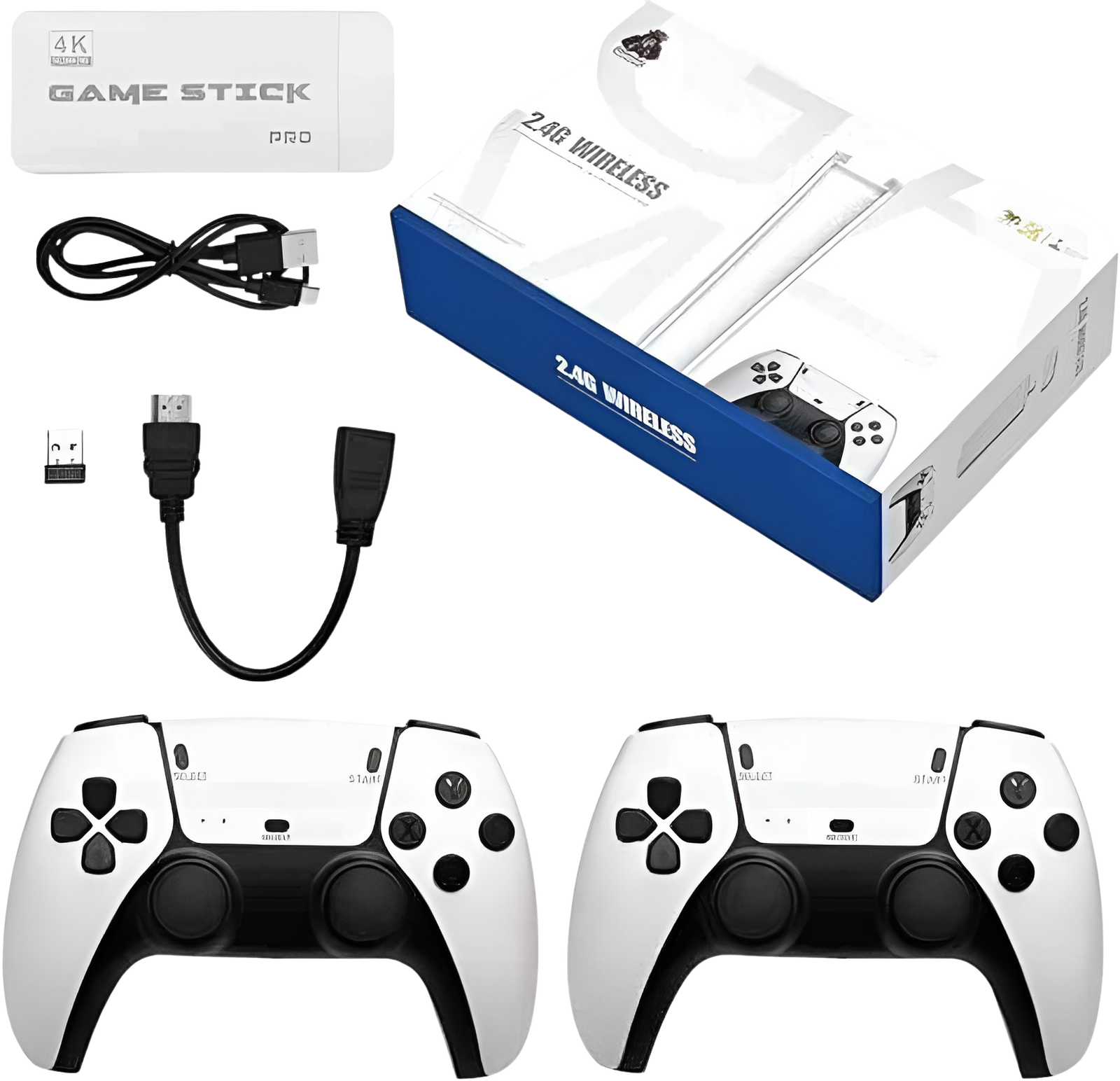 جهاز ألعاب محمول Game Stick 4K Ultra HD بتصميم مستوحى من بلايستيشن 5، يدعم تشغيل آلاف ألعاب كلاسيكية (Retro Games)، يأتي مع ذراعي تحكم لاسلكيين 2.4GHz بتصميم يد الـ PS5، سهل التشغيل عبر منفذ HDMI ومزود ببطاقة ذاكرة MicroSD (جديد)