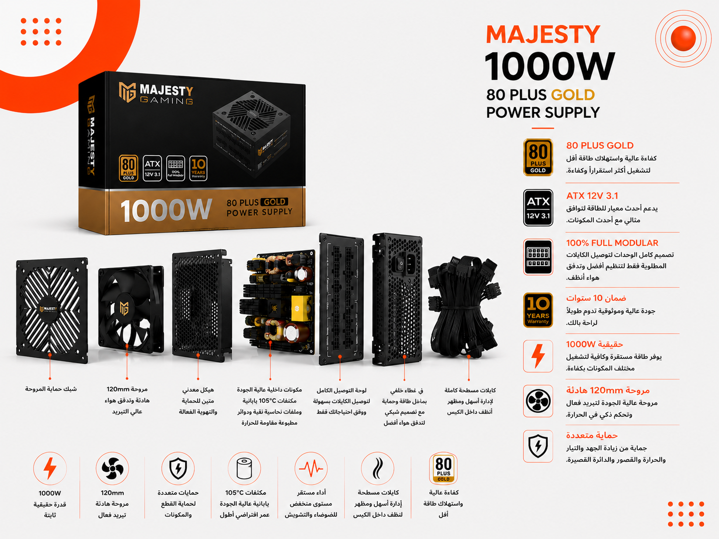 Majesty Gaming 1000W – 80 PLUS Gold – ATX 12V 3.1 – 100% Full Modular – ضمان 10 سنوات
