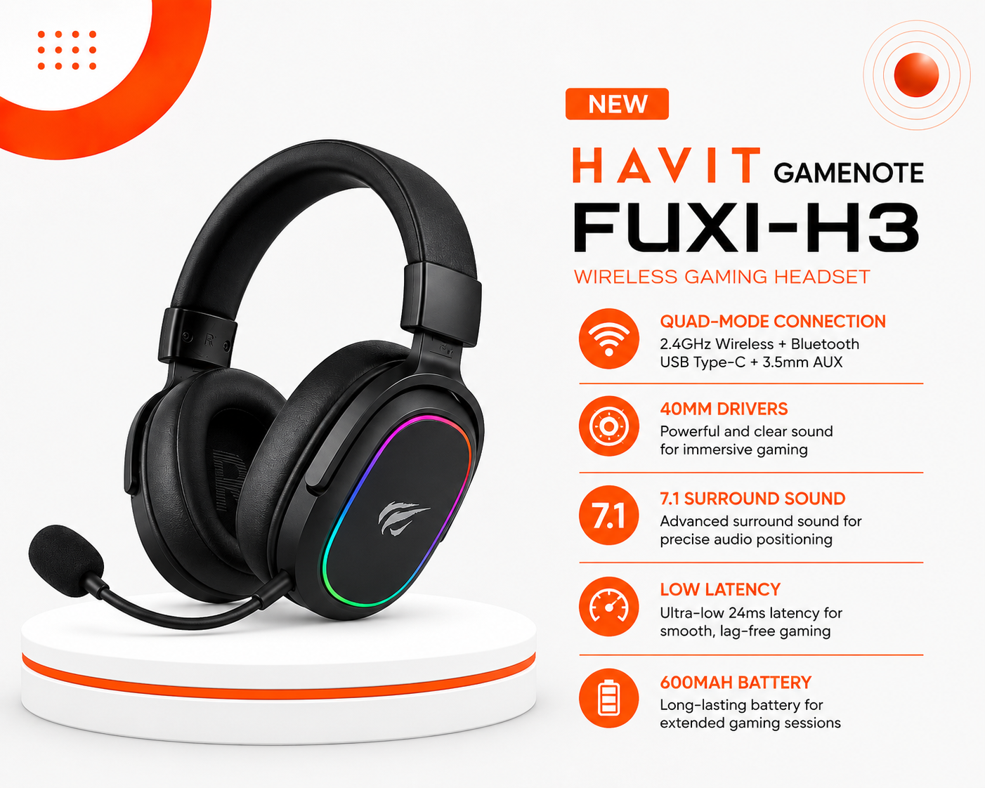 سماعة ألعاب Havit GAMENOTE Fuxi-H3 - لاسلكية Quad-Mode - اتصال 2.4GHz + Bluetooth + USB Type-C + AUX 3.5mm - مكبرات صوت 40mm - صوت 7.1 Surround - زمن استجابة 24ms - بطارية 600mAh - ميكروفون قابل للفصل - اللون أسود