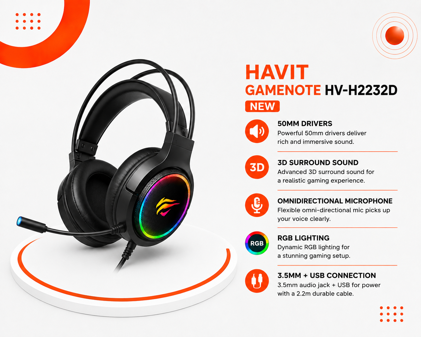سماعة Havit Gamenote HV-H2232D - سماعة ألعاب سلكية - مشغلات 50mm - صوت 3D Surround - ميكروفون Omnidirectional - إضاءة RGB - كابل 2.2 متر - اتصال 3.5mm + USB