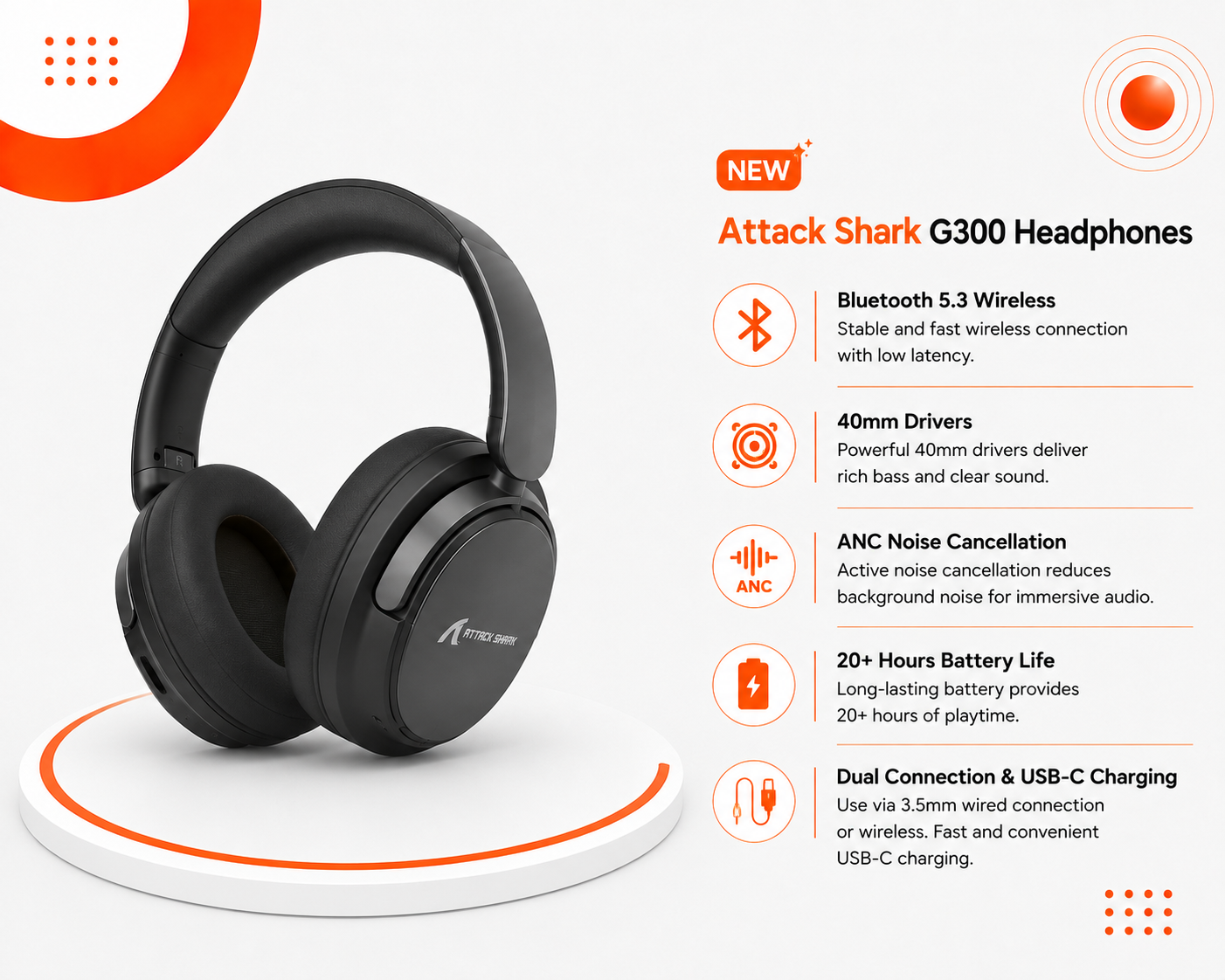 سماعة Attack Shark G300 - لاسلكية Bluetooth 5.3 - مشغلات 40mm - عزل ضوضاء ANC - اتصال سلكي 3.5mm - بطارية أكثر من 20 ساعة - شحن USB-C - وزن 210g