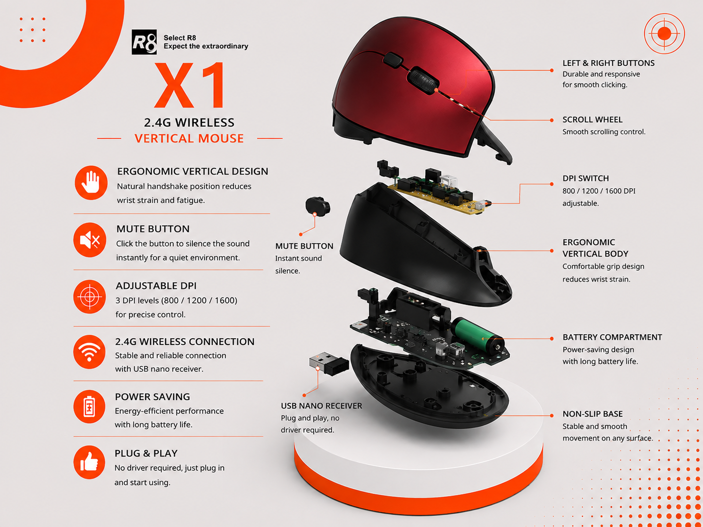 R8 X1 Wireless Vertical Mouse - ماوس عمودي لاسلكي - تصميم مريح Ergonomic - دقة 800/1200/1600 DPI - 6 أزرار - Silent Click - اتصال 2.4GHz - مدى حتى 10 متر - اللون أسود / فضي / أحمر