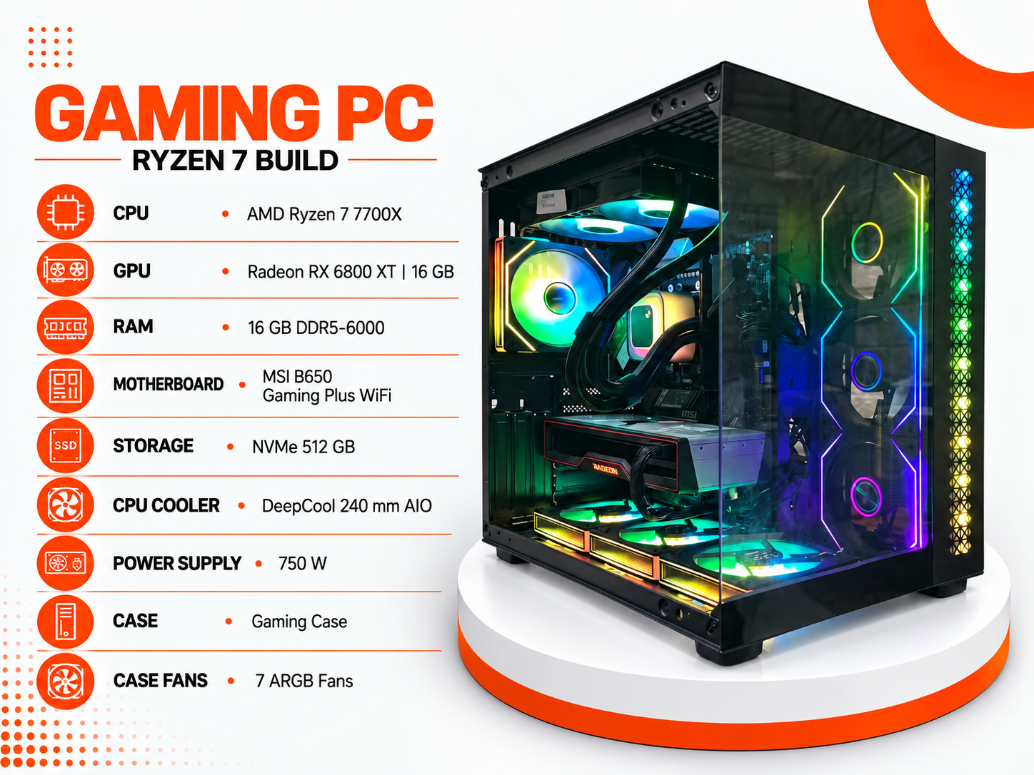 كمبيوتر ألعاب احترافي Gaming PC – AMD Ryzen 7 7700X | RX 6800 XT 16GB | DDR5 6000MHz