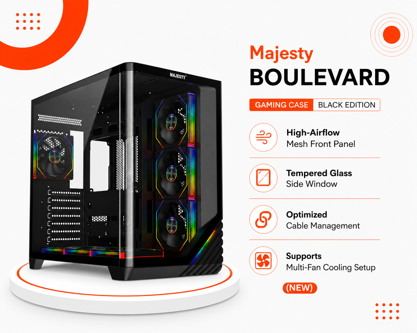 كيس قيمنق Majesty BOULEVARD باللون الأسود Black Edition، واجهة مش مخرمة تدفق هواء فائق High Airflow Mesh، لوح جانبي من الزجاج المقسى Tempered Glass، وتصميم داخلي واسع لإدارة الكابلات (جديد)