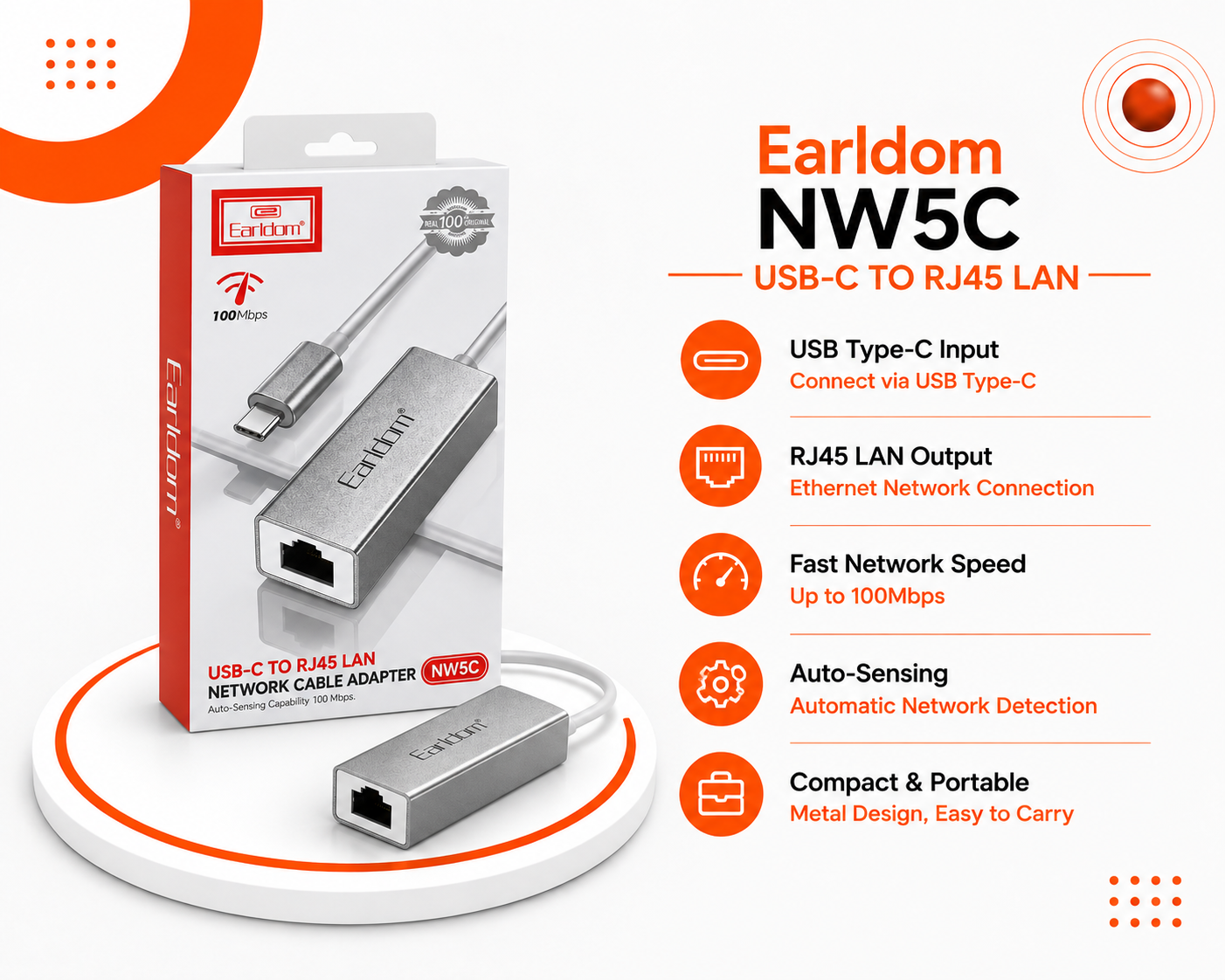 محول Earldom NW5C USB-C إلى RJ45 LAN
