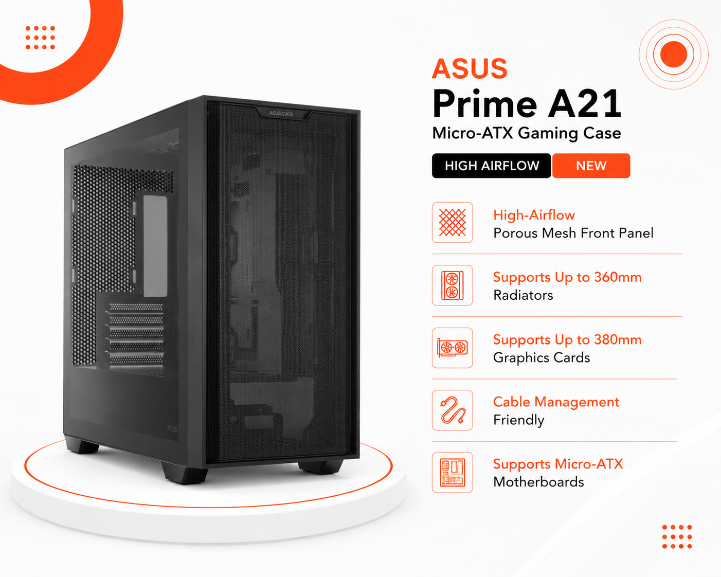 كيس قيمنق ASUS Prime A21 حجم Micro-ATX، واجهة مش مخرمة Porous Mesh للتهوية الفائقة، يدعم مبردات مائية حتى 360mm، وكروت شاشة حتى 380mm (جديد)