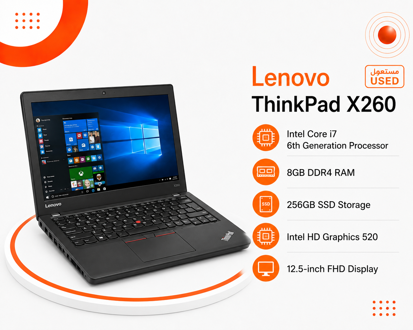 Lenovo ThinkPad X260 - المعالج Intel Core i7 الجيل السادس - الرام 8GB DDR4 - التخزين 256GB SSD - كرت الشاشة Intel HD Graphics 520 - اللون أسود - الشاشة 12.5 إنش FHD - تصميم نحيف وخفيف الوزن - نظام التشغيل Windows 10
