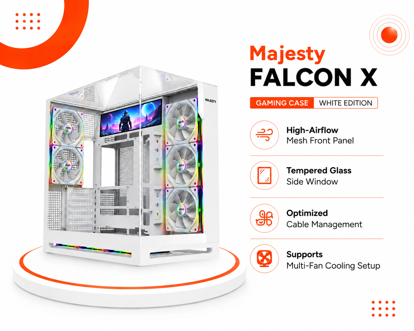 كيس قيمنق Majesty FALCON X باللون الأبيض White Edition، واجهة مش مخرمة تدفق هواء فائق High Airflow Mesh، لوح جانبي من الزجاج المقسى Tempered Glass، وتصميم داخلي واسع لإدارة الكابلات (جديد)