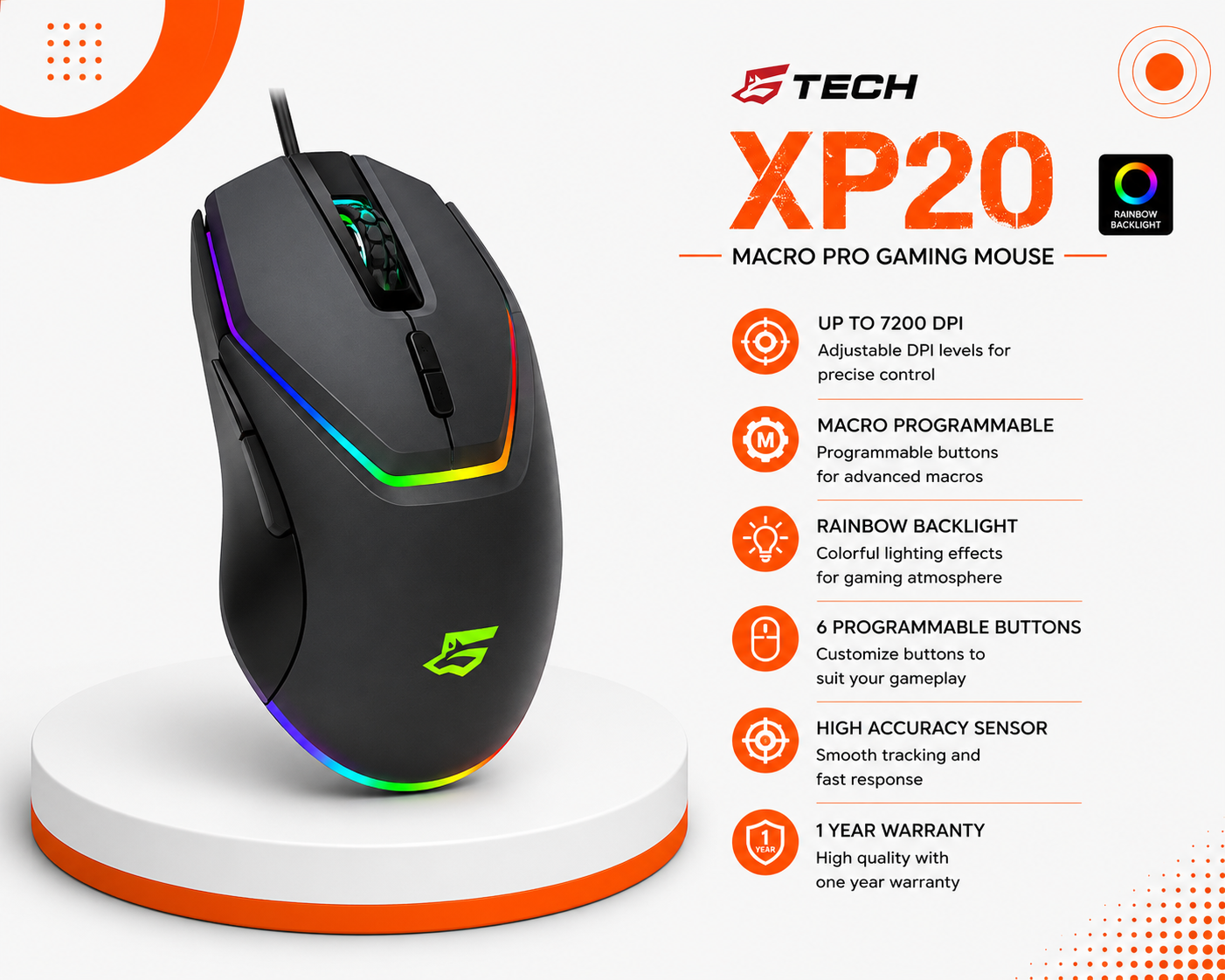 ماوس ألعاب G-Tech XP20 - سلكي - مستشعر بصري - دقة 3200 DPI - 6 أزرار - إضاءة RGB LED - عجلة تمرير 3D - كابل 1.5 متر - USB - Plug & Play