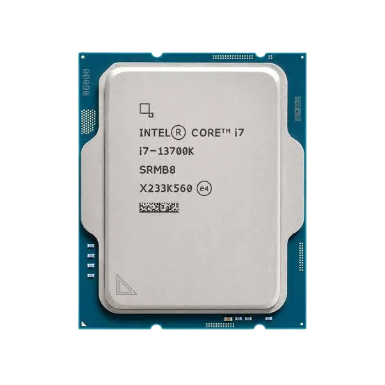 معالج Intel Core i7-13700K جيل ثالث عشر قابل لكسر السرعة ، بسرعة تصل إلى 5.40GHz عبر تقنية Turbo Boost، يحتوي على 16 نواة (8 للأداء و 8 للكفاءة) مع 24 خيط معالجة، كاش 30MB، كرت شاشة مدمج UHD 770، متوافق مع مقبس LGA 1700 ويدعم ذواكر DDR4 و DDR5 (جديد)