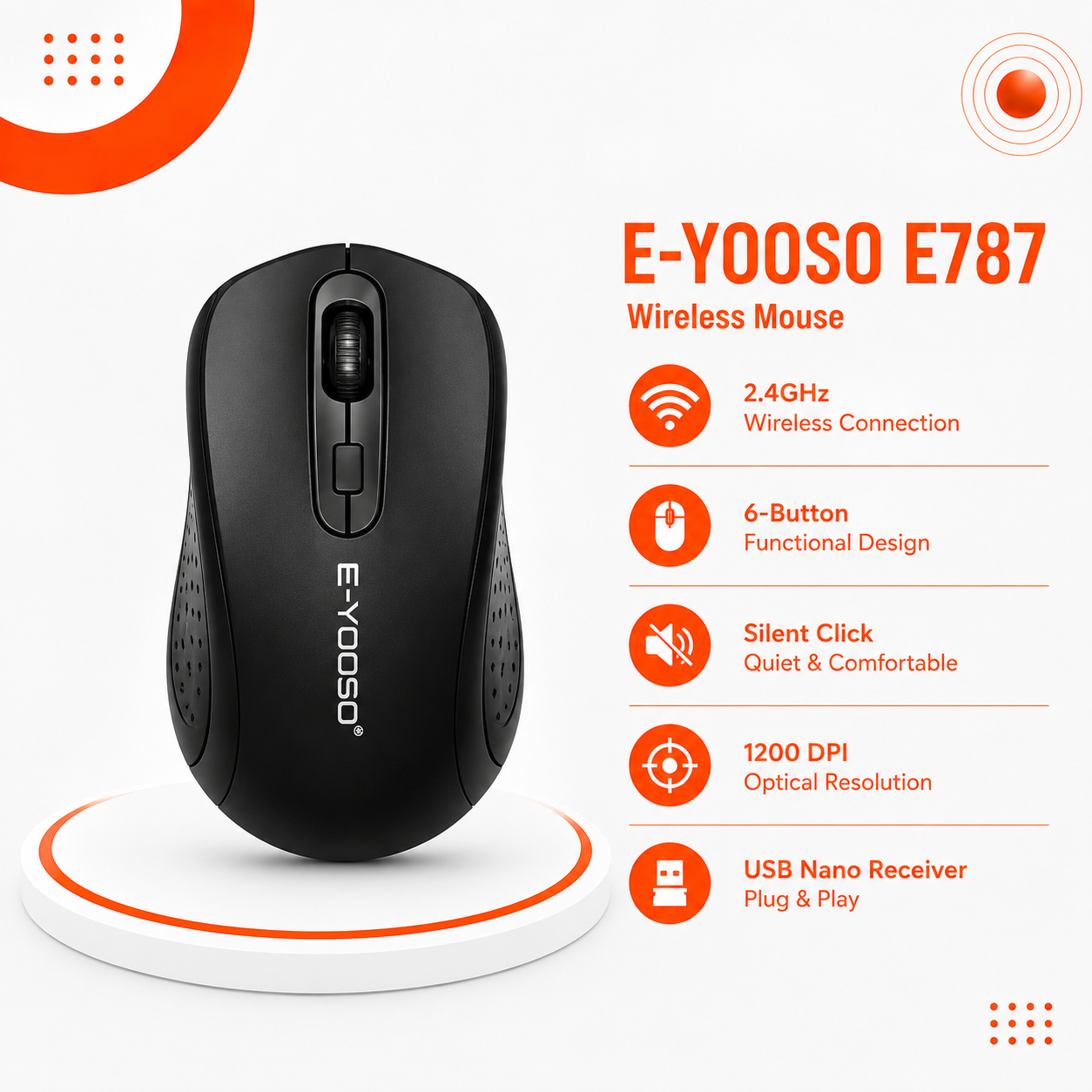 E-YOOSO E787 Wireless Keyboard & Mouse Combo - كيبورد كامل الحجم Full-Size - اتصال لاسلكي 2.4GHz - مستقبل USB Nano - لوحة أرقام Numpad - مفاتيح Silent Quiet Touch - مسند معصم مدمج - مقاوم لرذاذ السوائل - ماوس لاسلكي 6 أزرار -  - اللون أسود