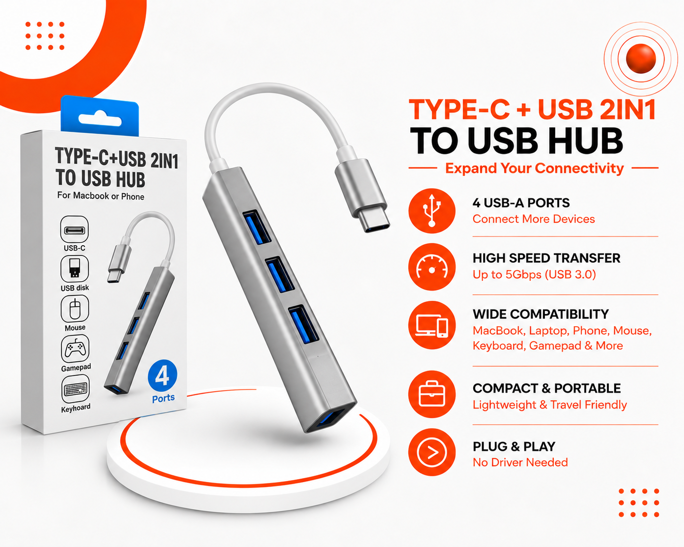 محول Type-C + USB 2 in 1 إلى USB Hub
