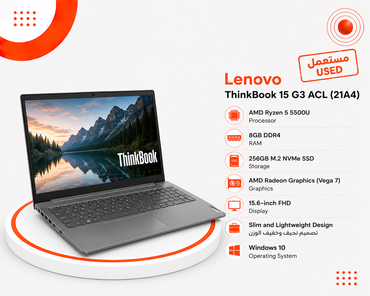 Lenovo ThinkBook 15 G3 ACL (21A4) - المعالج AMD Ryzen 5 5500U - الرام 8GB DDR4 - التخزين 256GB M.2 NVMe SSD - كرت الشاشة AMD Radeon Graphics (Vega 7) - اللون Mineral Grey - الشاشة 15.6 إنش FHD - تصميم نحيف وخفيف الوزن - نظام التشغيل Windows 10